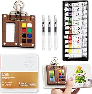 Mini Watercolor Paint Set Portable, Travel Grid Paint Palette Box with Binder Clips Include Paint, Brush*3 and Picture Album Art Materials Coloring Markers (Brown Wood-S)