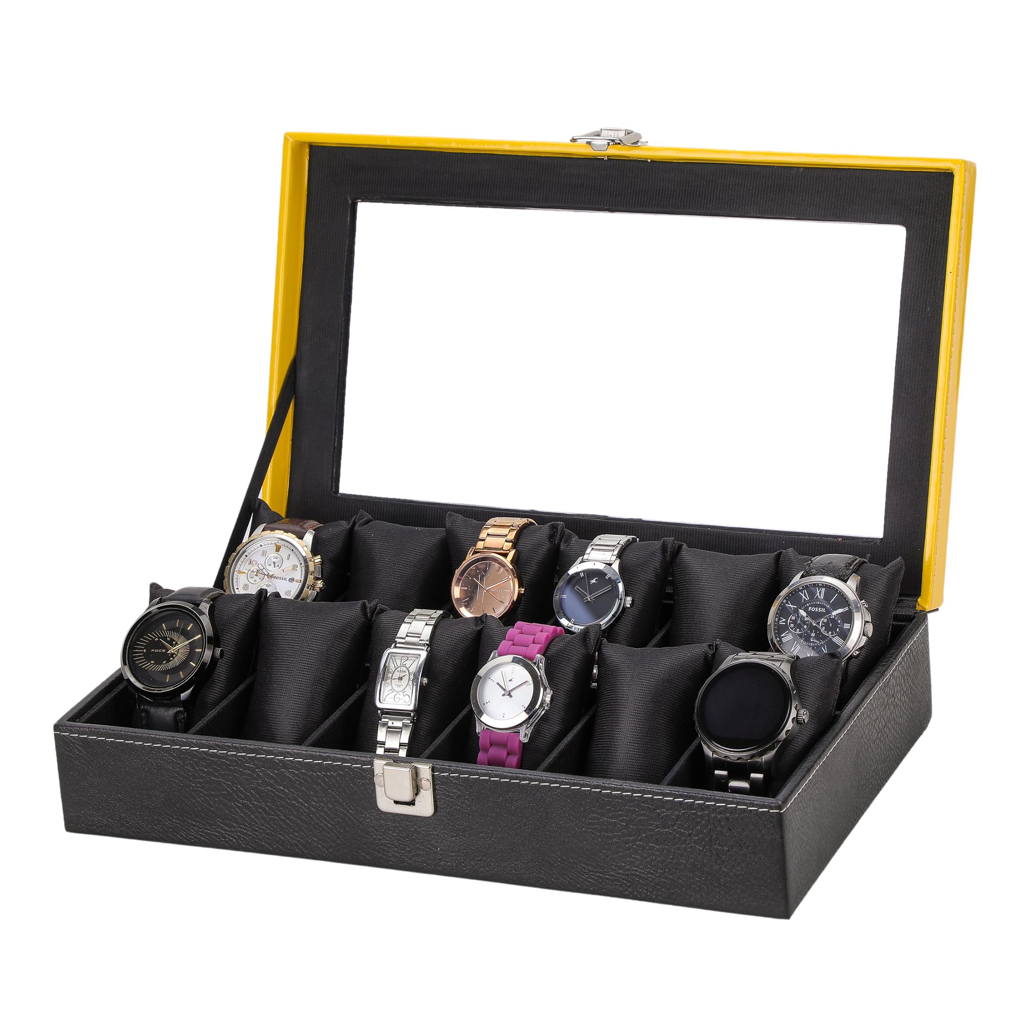 ZENWOOD Mens Womens, 12-Slot Watch Case with Large Glass Lid, Removable Watch Pillows, Watch Box Organizer, Gift for Loved Ones, Black and Yellow Leatherette, Black Color Velvet (B0DB62R5KT) Amazon Price History, Amazon Price Tracker
