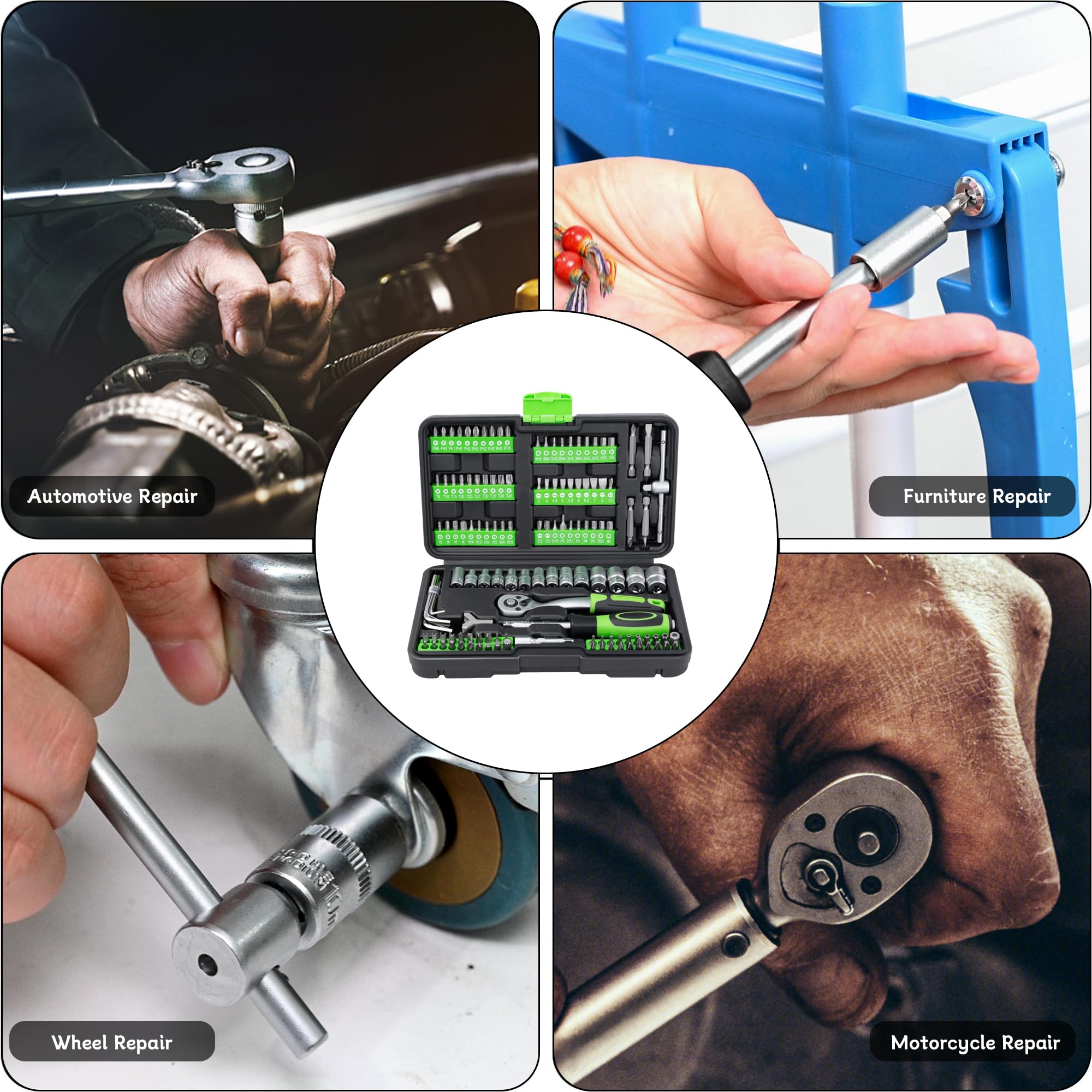 130pcs Professional Complete Tool Case | Ideal Small Size Car | With Socket Set, Screwdriver Bits and Ratchet | Chrome Vanadium — view 9