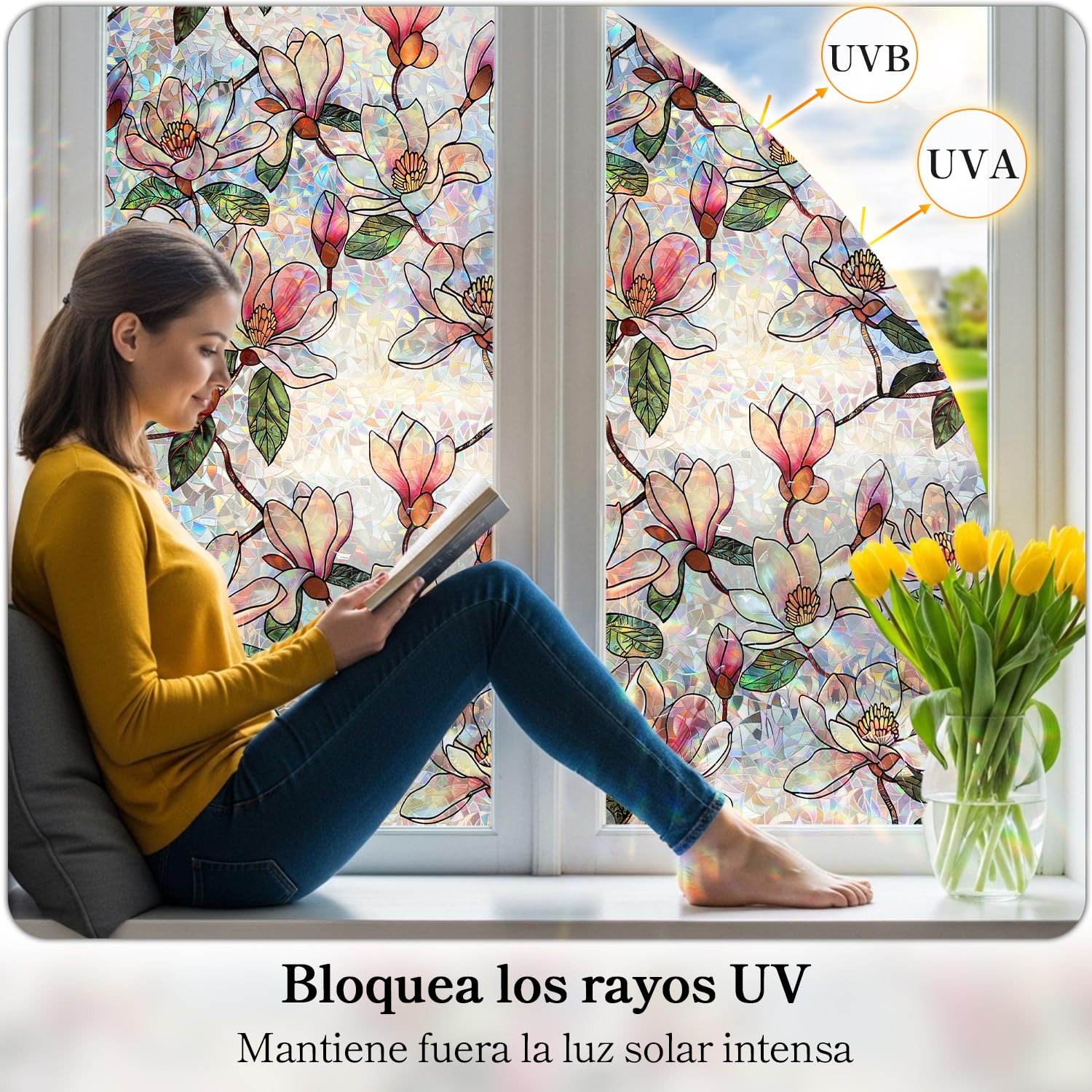 Qualsen Vinilos para Cristales Efecto Arcoiris Vinilo Ventana Privacidad Patrón de Flor de Magnolia Electrostática Decorativos Vinilo Cristal Anti UV No Adhesivo Lámina para Hogar Bano 90x400cm