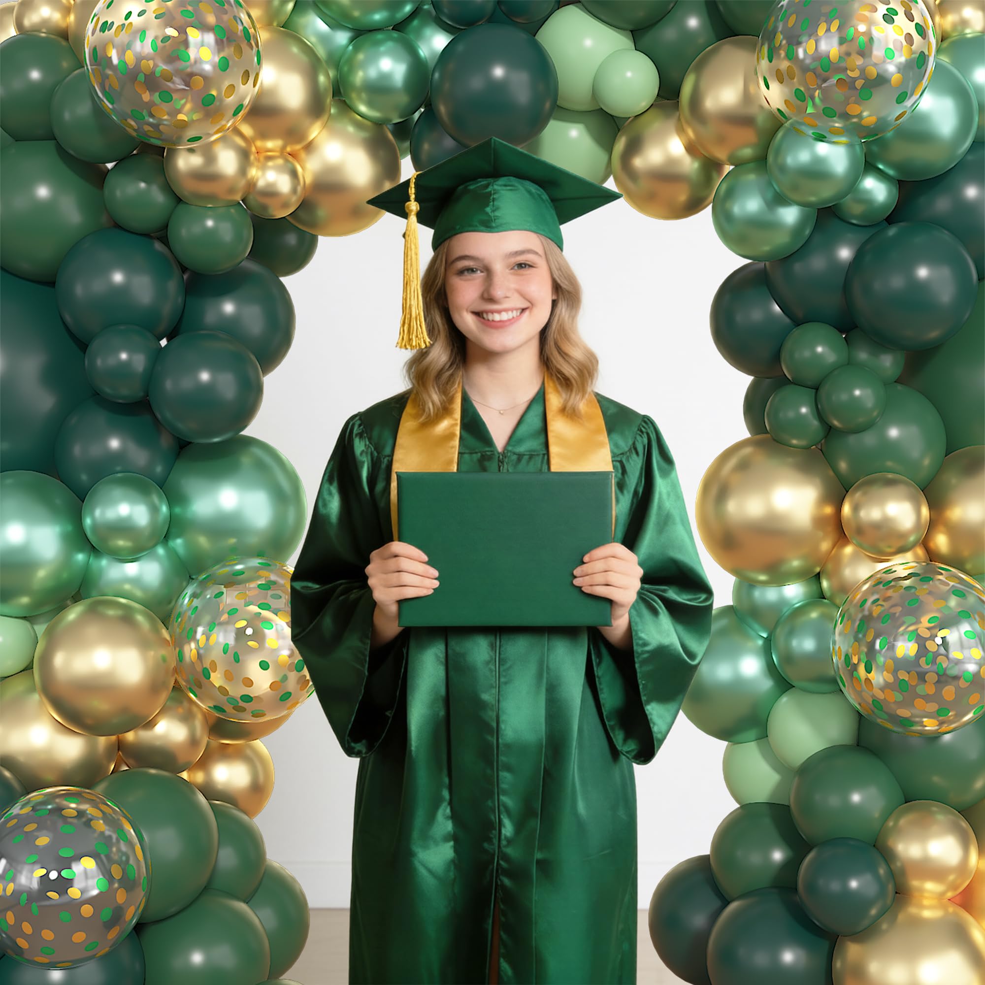Ouddy Life 157-teiliges grün-goldenes Ballonbogen-Girlande-Set, dunkelgrün-metallisches Latex-Konfetti-Ballon, verschiedene Größen für Abschlussfeier, Klasse, College, Geburtstag, Jahrestag