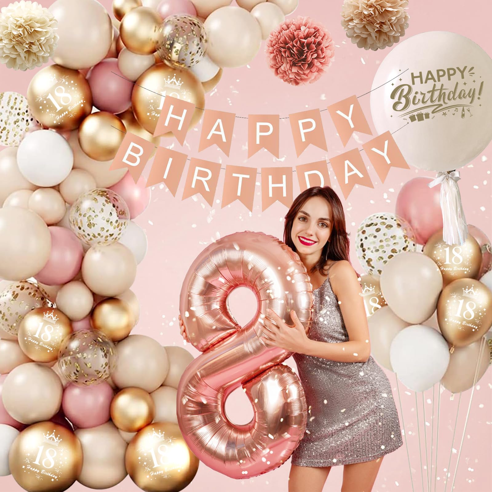 Happy birthday-verjaardagdecoratieset, hout, boho, verjaardagsslinger, ballonnen, kaki beige ballonnen, 6 pompons, verjaardagsdecoratie voor jongens en meisjes