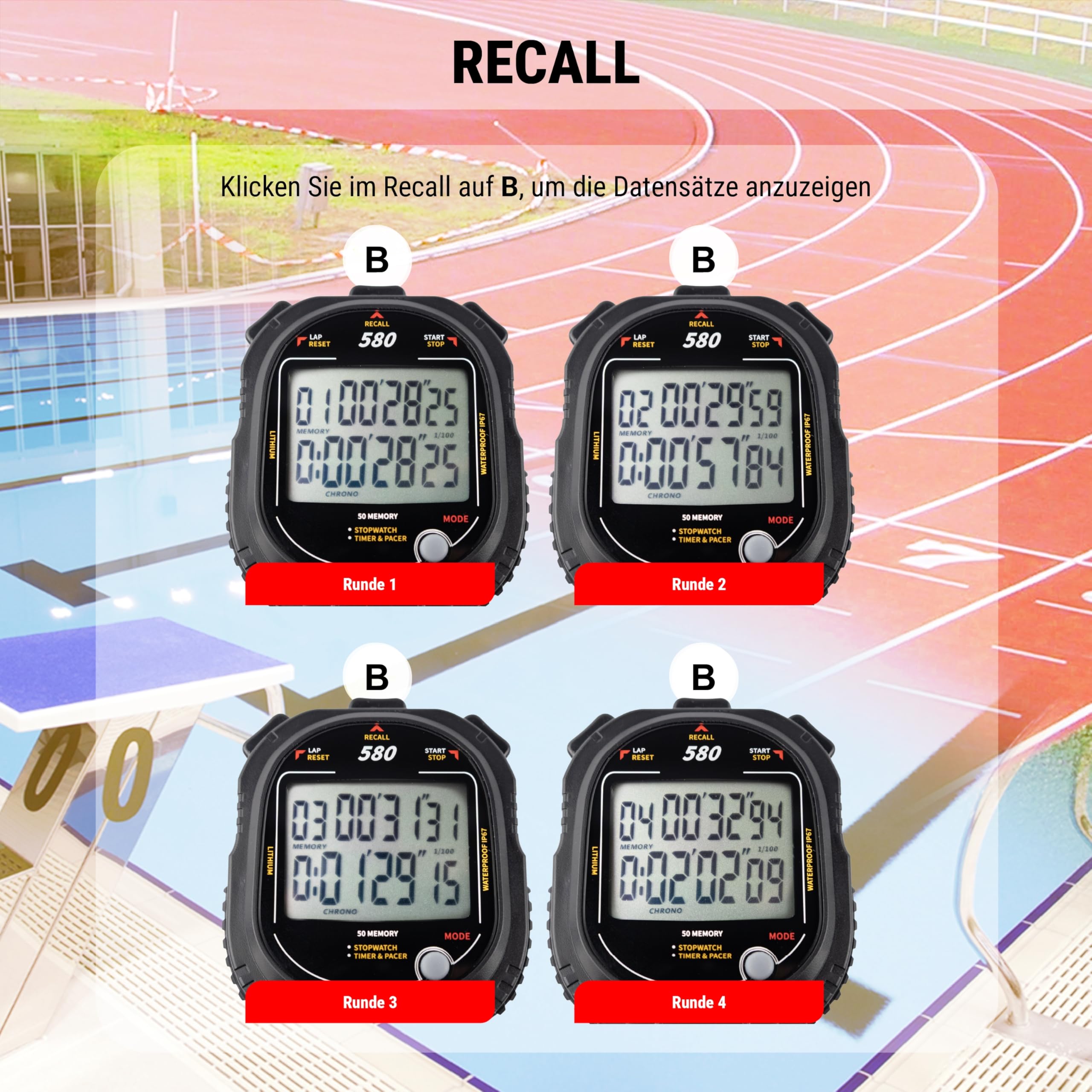 Stoptec Cronometro 580, grande display a 2 righe, meccanismo a punto di pressione, 50 memorie, timer, Pacer, resistente alla polvere e all'acqua (IP67)