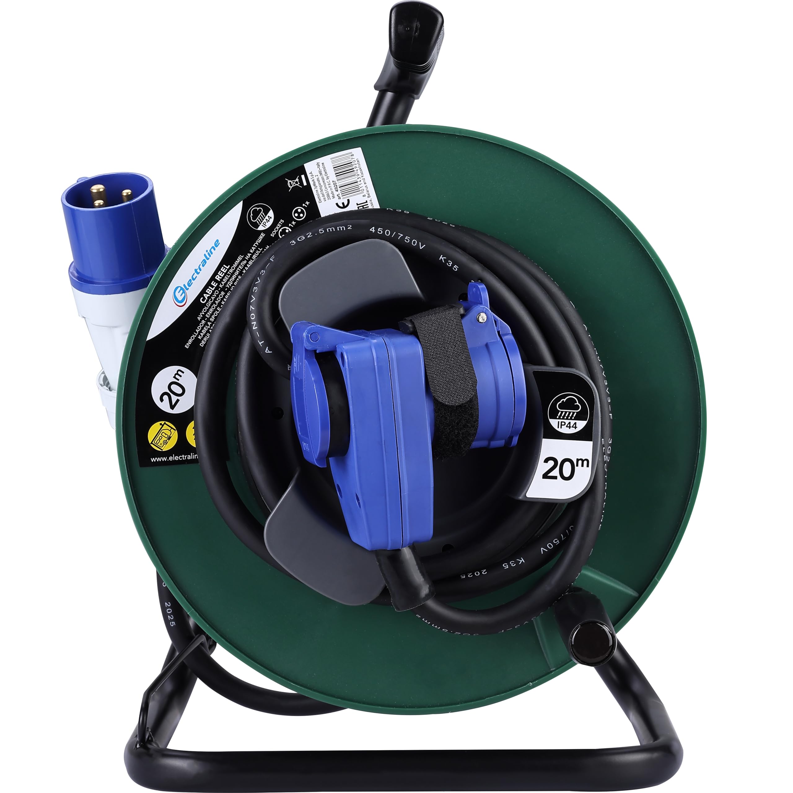 Electraline 49207 Rallonge avec enrouleur de câble 20M pour camping-car, camping, caravane, IP44, 2 prises (industrielle + Schuko), câble AT-N07V3V3-F section 3G2.5