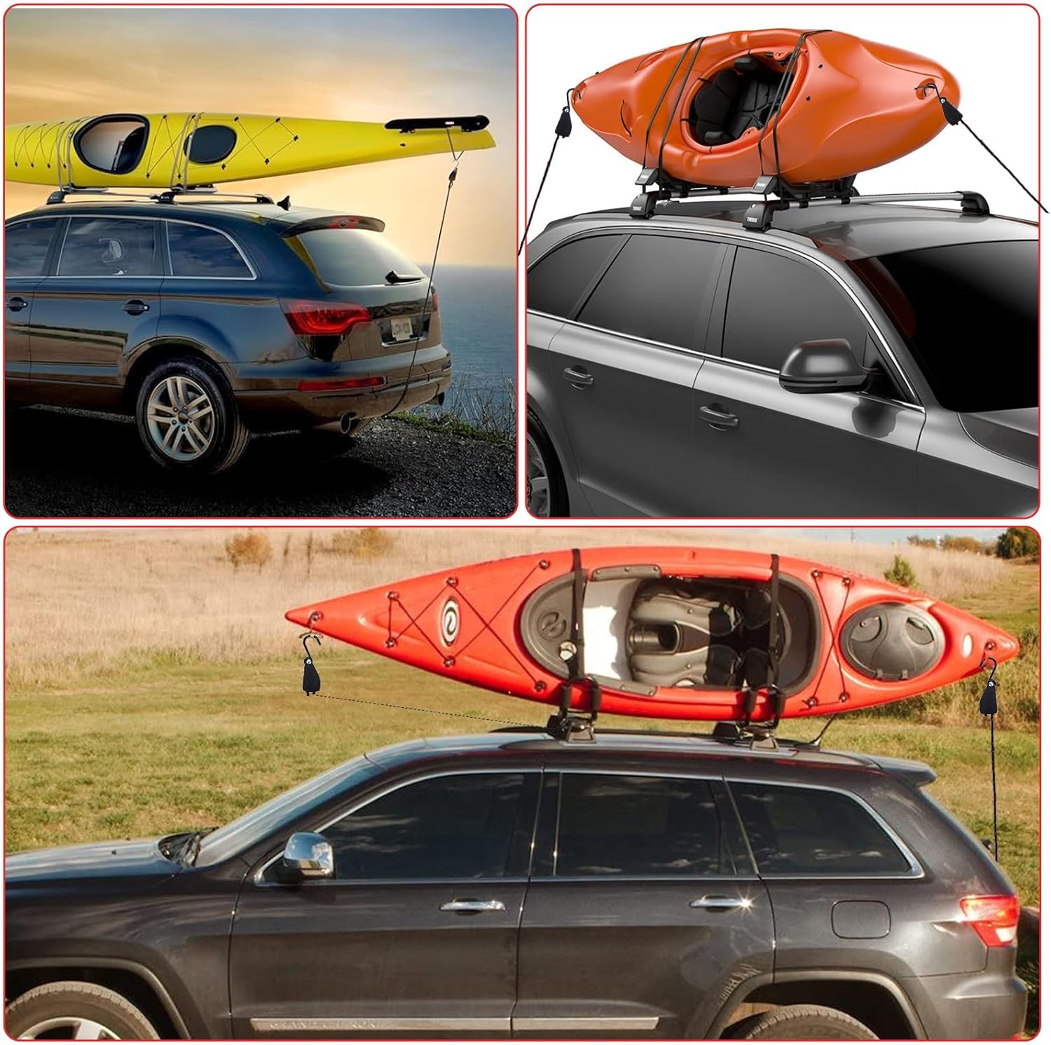 4 Pcs Kayak Rope Tie Downs Straps, 1/4" x 12Ft Adjustable Tie Down Straps Canoe Bow and Stern Tie Down Strap,Heavy Duty Tie Downs Rope Hanger Kayak Accessories - Image 5