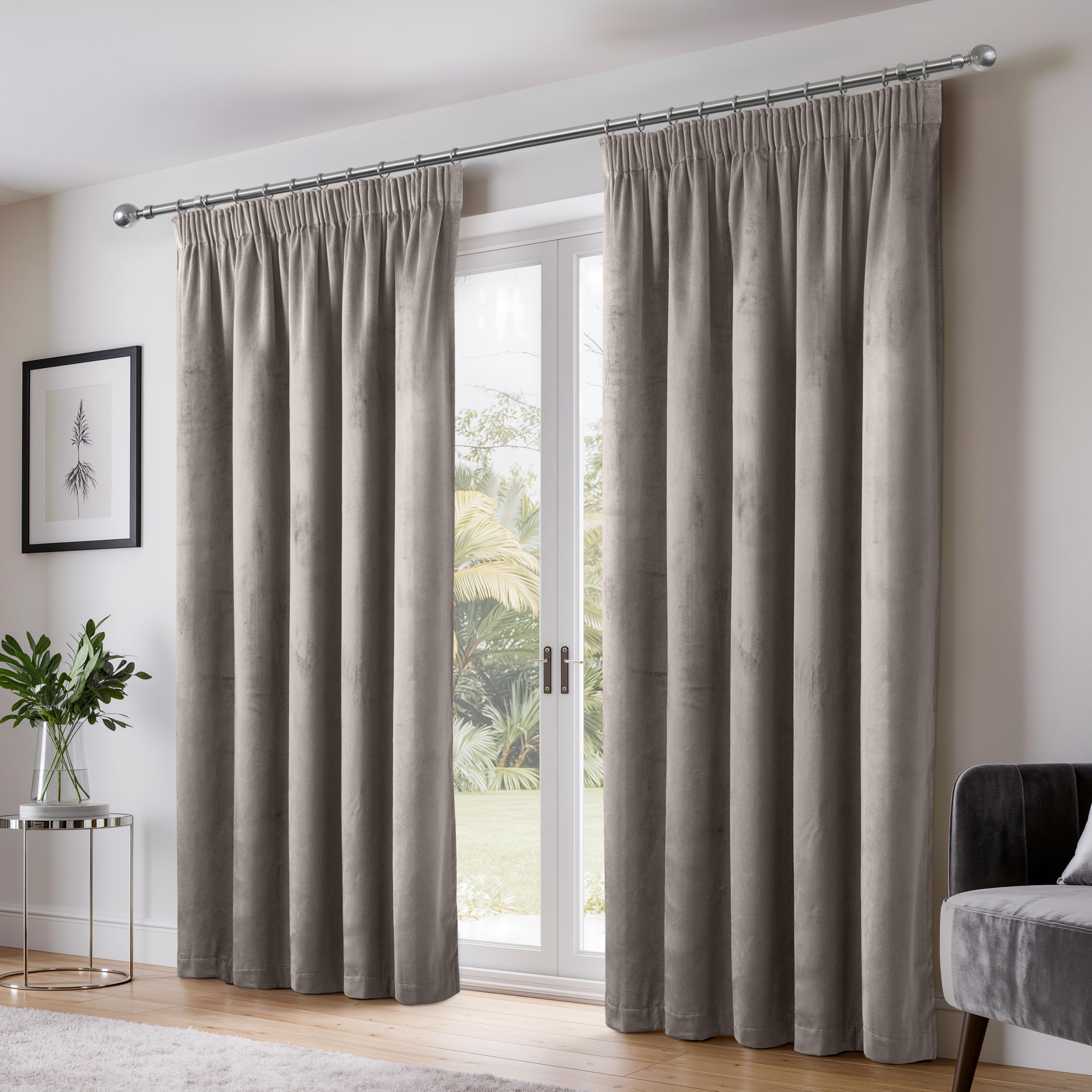 Emma Barclay Dusk Velvet Blackout Pencil Pleat Curtains for Bedroom Living Room, Thermal Soft Plain Velvet Curtain Pair, 46 x 72 Inch, Stone