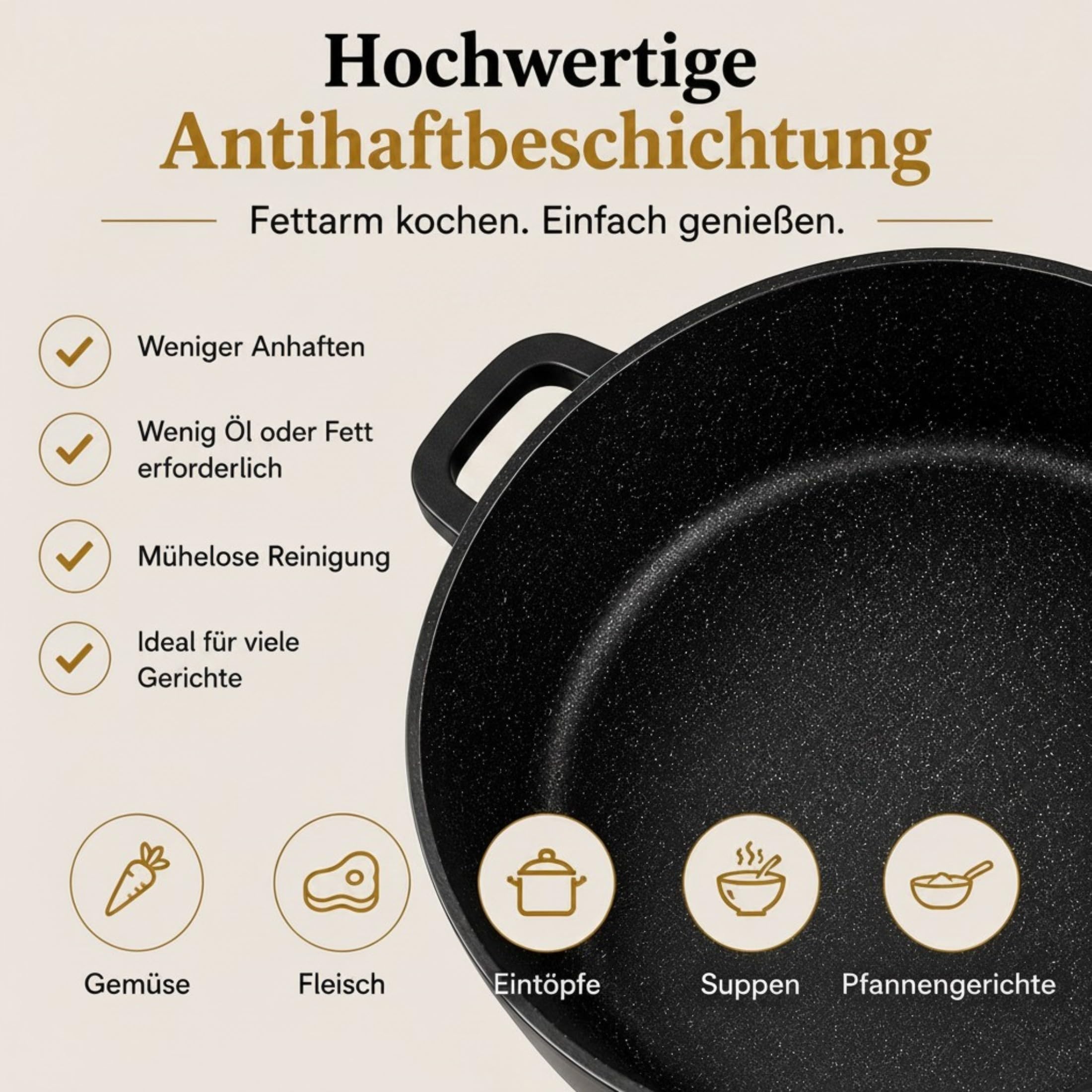 Kochtopf 10L mit Deckel Ø 28 cm – Aluminiumguss Kochtopf, Antihaftbeschichtung, Induktion geeignet, Suppentopf, Schmortopf, Universaltopf, Schwarz