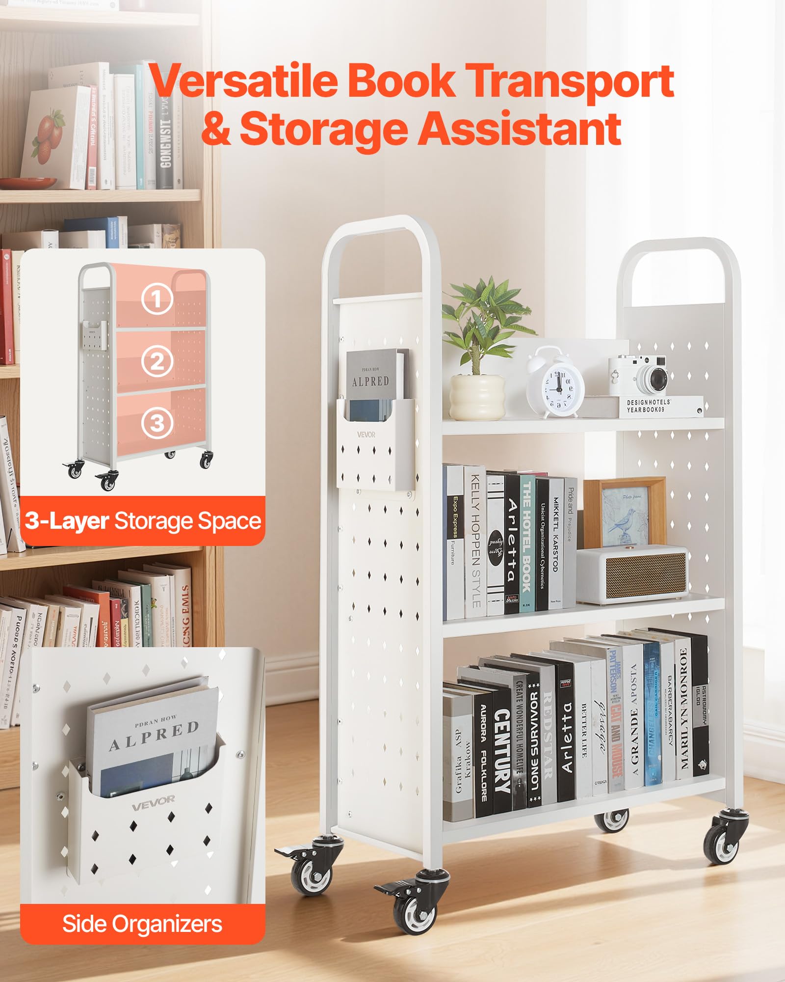 VEVOR Carrello Portalibri con Ruote 770 x 380 x 1220 mm Carrello Rotante Porta Libri, Carico 150 kg Ripiani a L Monofacciali con Ruote Bloccabili 7,6 cm per Scaffali di Casa, Ufficio e Scuola, Bianco