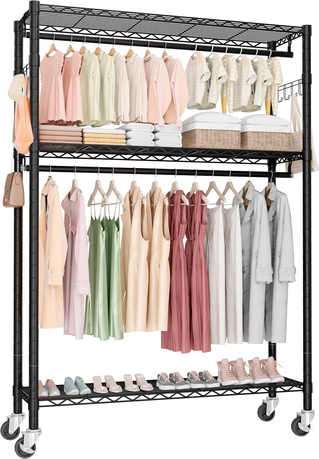 Rolling Clothes Rack Heavy Duty, Free Standing Garment Rack with Wheels, Portable Closet Rack, Closet Organizer System with 35.4" W x 15.7" D x 76" H, Max Load 500Lbs (Black)