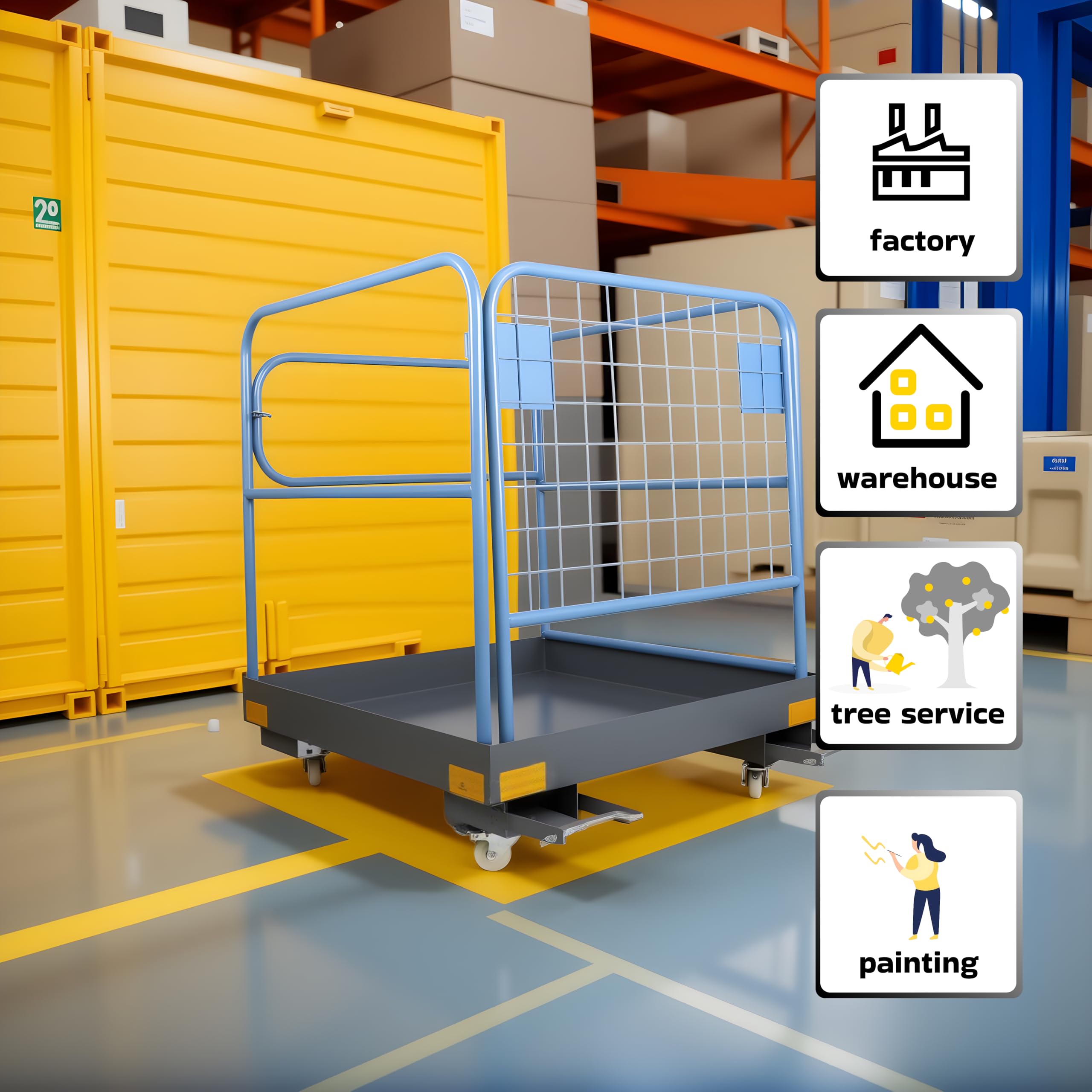 Klappbarer Arbeitsbühne, 92cm x 92cm Gabelstapler-Arbeitsplattform mit Lastkapazität von 590KG, mit absperrbaren leisen Lenkrädern und Geräteketten, hält 1 bis 2 Erwachsene