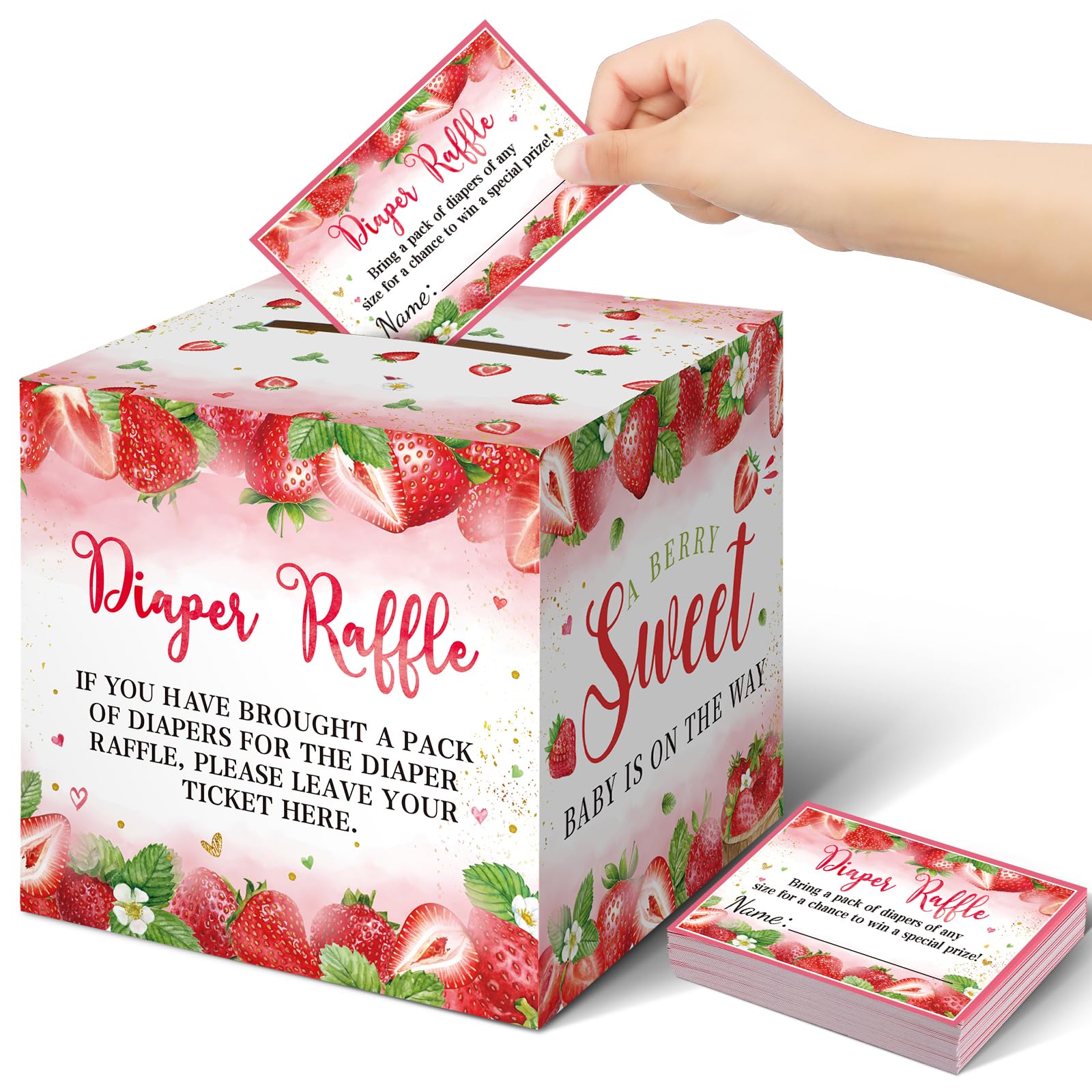 Teling 51 Pieces Diaper Raffle Tickets with Card Box,Strawberry