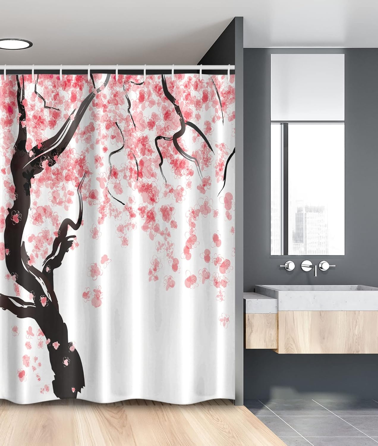 Ambesonne Floral Stall Shower Curtain, Dogwood Tree Blossom in Watercolor Painting Effect Spring Season Theme Pinkish Tones, Fabric Bathroom Decor Set with Hooks, 54" W x 78" L, Black Pink