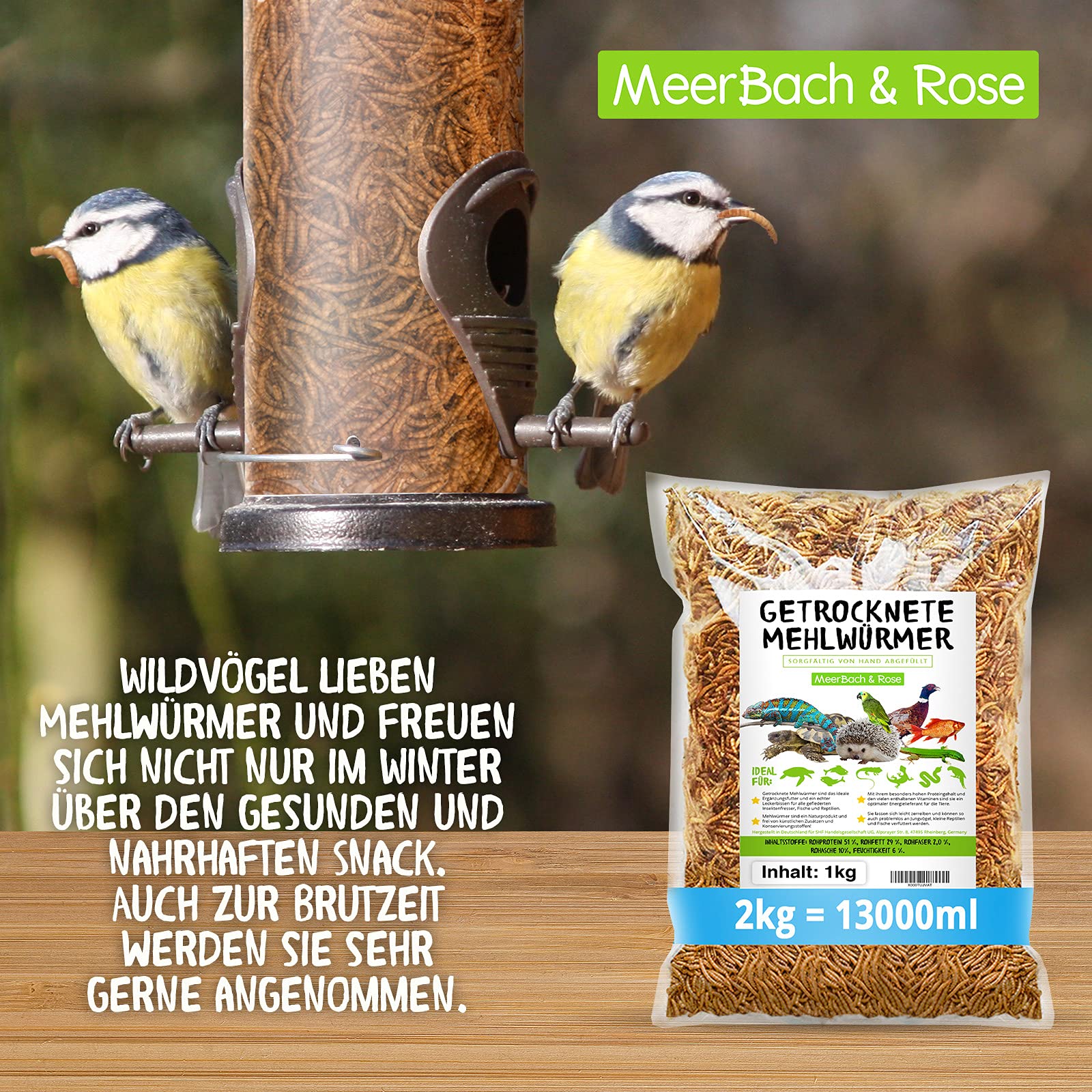 Meerbach & Rose Mehlwürmer getrocknet, 2kg (entspricht 13 Litern) getrocknete Mehlwürmer, proteinreicher Snack für Wildvögel, Fische, Reptilien und Nager (Packung mit 2)