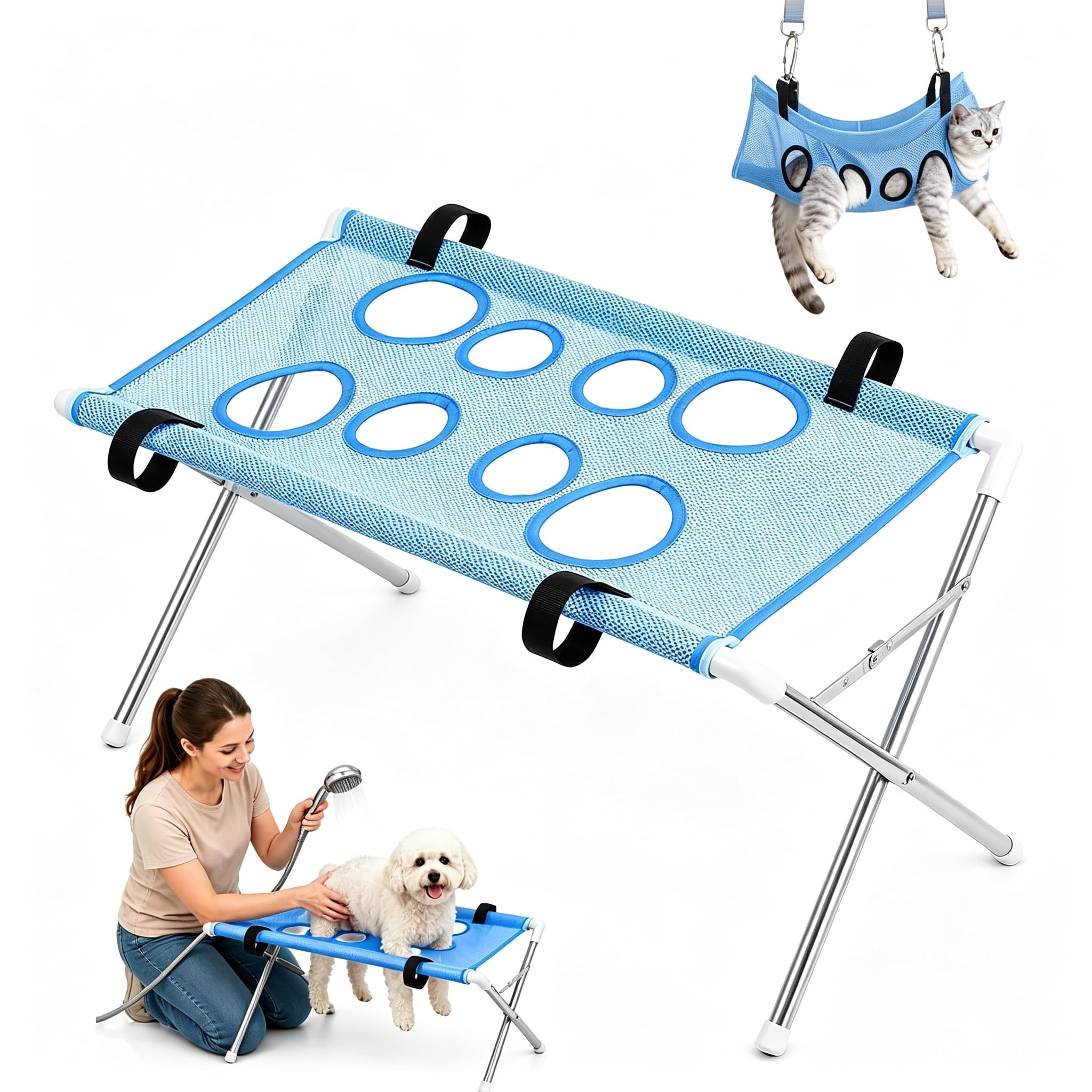 Dog Grooming Hammock Pet Grooming Hammock Stand with Stable Stainless Steel Frame & Quick-Dry Mesh Foldable for Trimming, Bathing, Brushing, Small Pets (Blue)