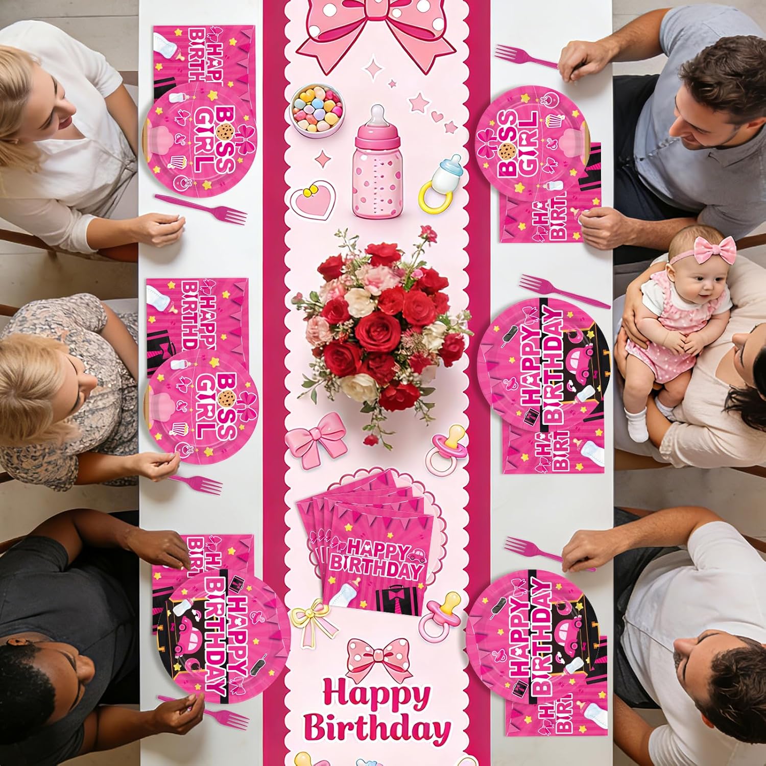 96 Pcs Boss Birthday Party Decorations Disposable Hot Pink Boss Theme Paper Plates and Napkins Cute Cartoon Tableware Set for Kids Girls Birthday Baby Shower Gender Reveal Party Supplies, Serves 24