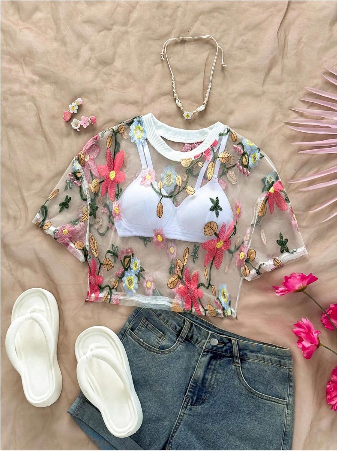 GORGLITTER Women's Floral Sheer Mesh Tees Crop Top See Through Short Sleeve Crew Neck Embroidered T Shirts - Image 4