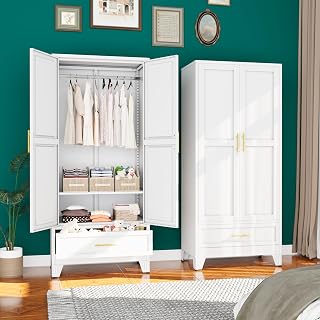71" H Metal Tall Armoire Wardrobe Closet with Drawer,Household Steel Wardrobe Closet Cabinet with Drawers,Clothing Storage Wardrobe Cabinet with Adjustable Shelves and Hanging Rod for Bedroom - Amazon product rated Grade B