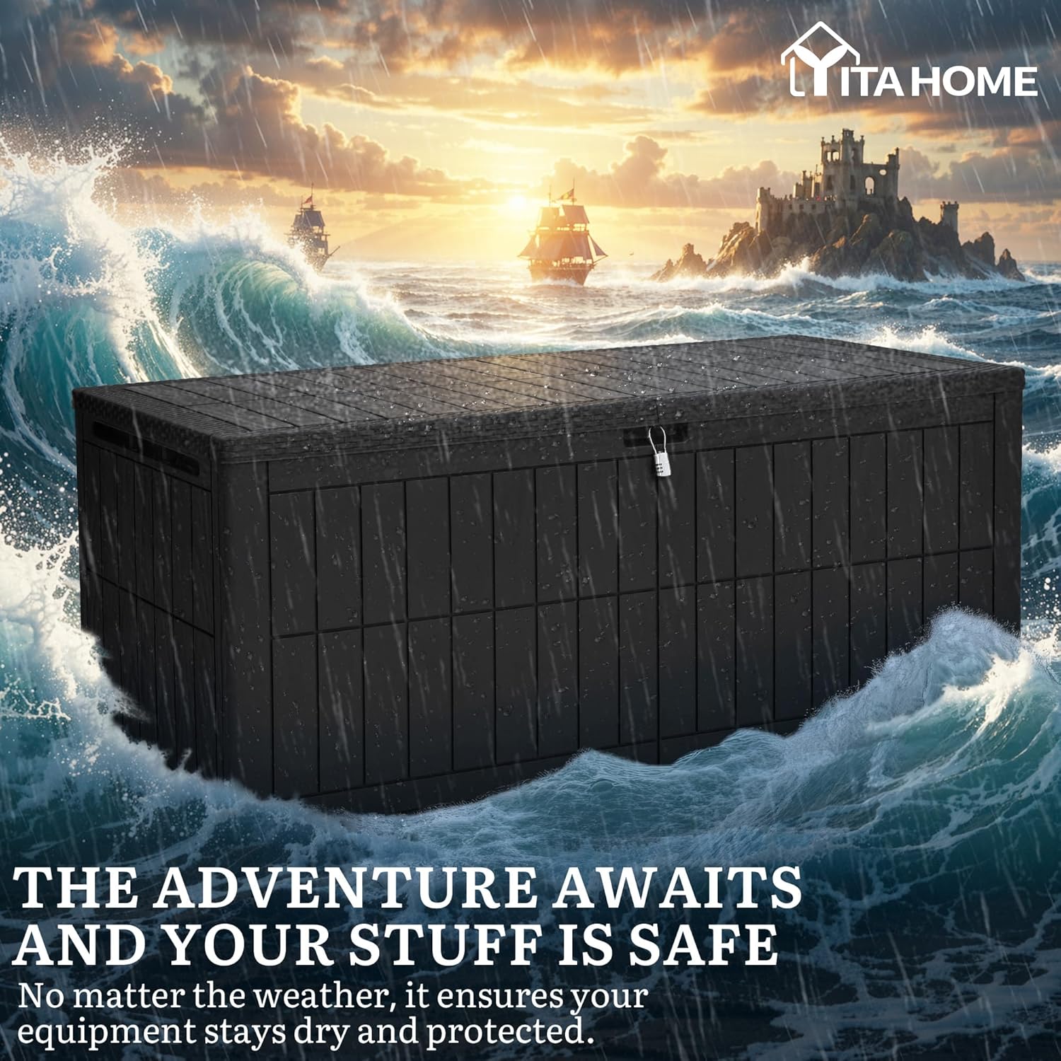 YITAHOME 240 Gallon Large Outdoor Storage Box XXL Resin Deck Box with Lock, Extra-Large Waterproof Patio Furniture Bin and 3-Person Bench Seating for Garden Tools & Pool Accessories, Black