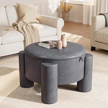 FiveWillowise Round Ottoman Coffee Table with Storage,24" Faux Leather Storage Ottomans with Removable Top,Upholstered Vanity Stool Footrest for Small Spaces,Living Room,Apartment,Gray