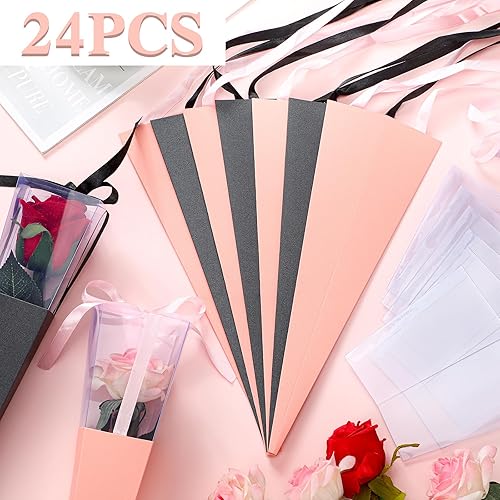 Miniatura 3 de Thyle 24 bolsas de flores individuales con fundas de rosas, papel de regalo de flores, bolsa de ramo de rosas individuales para graduación, boda,