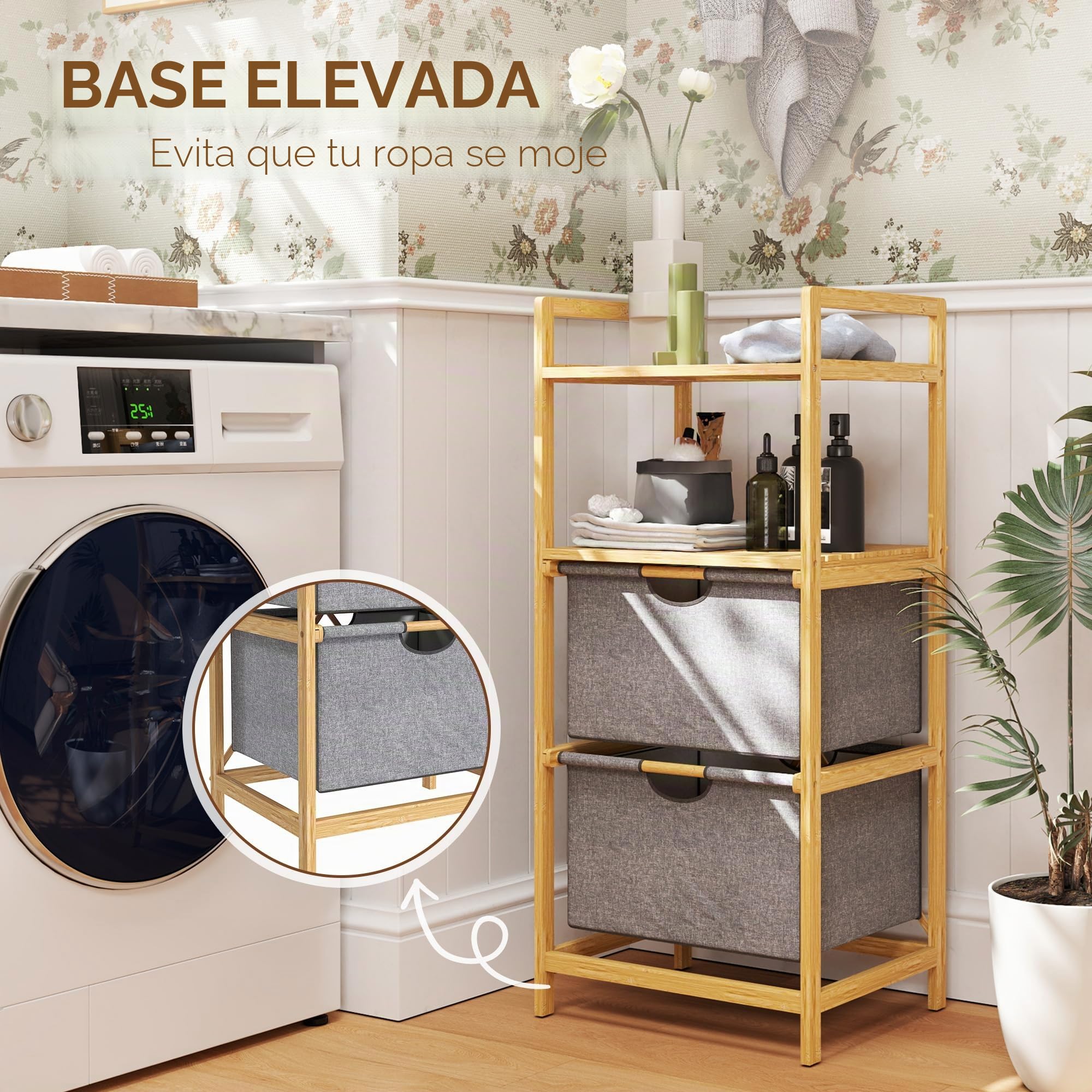HOMCOM Cesta de ropa 35,4 L con 2 cestas de tela, con asa, Natural | Cesto para ropa, estantes abiertos, caja de ropa, para baño, bambú.