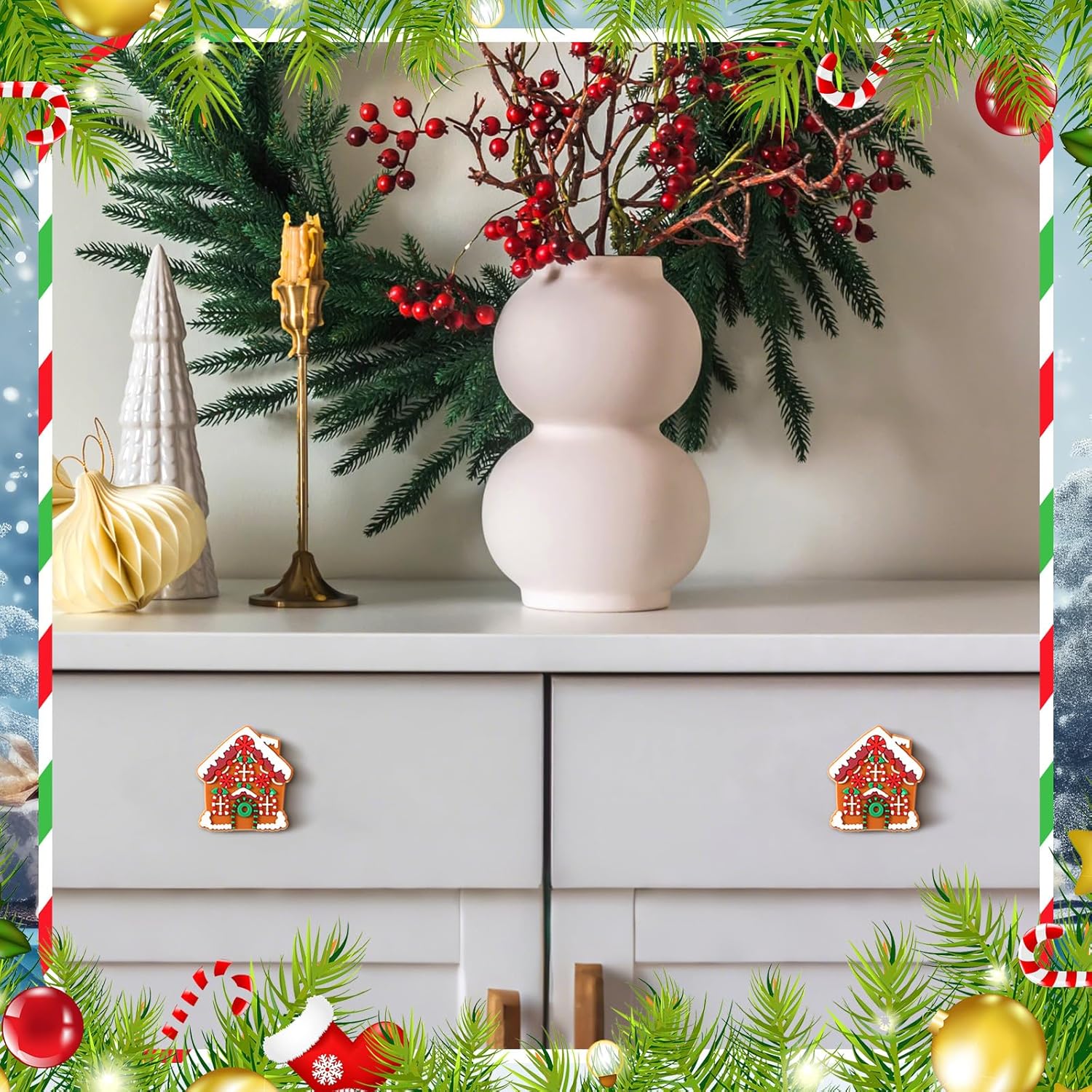 Moxweyeni 12 Pieces Christmas Cabinet Knobs for Kitchen Gingerbread Knobs Silicone Hand Cabinet Knob Cover Christmas Decorative Drawer Pulls for Xmas Winter Kitchen Home Party Decorations Gingerbread House