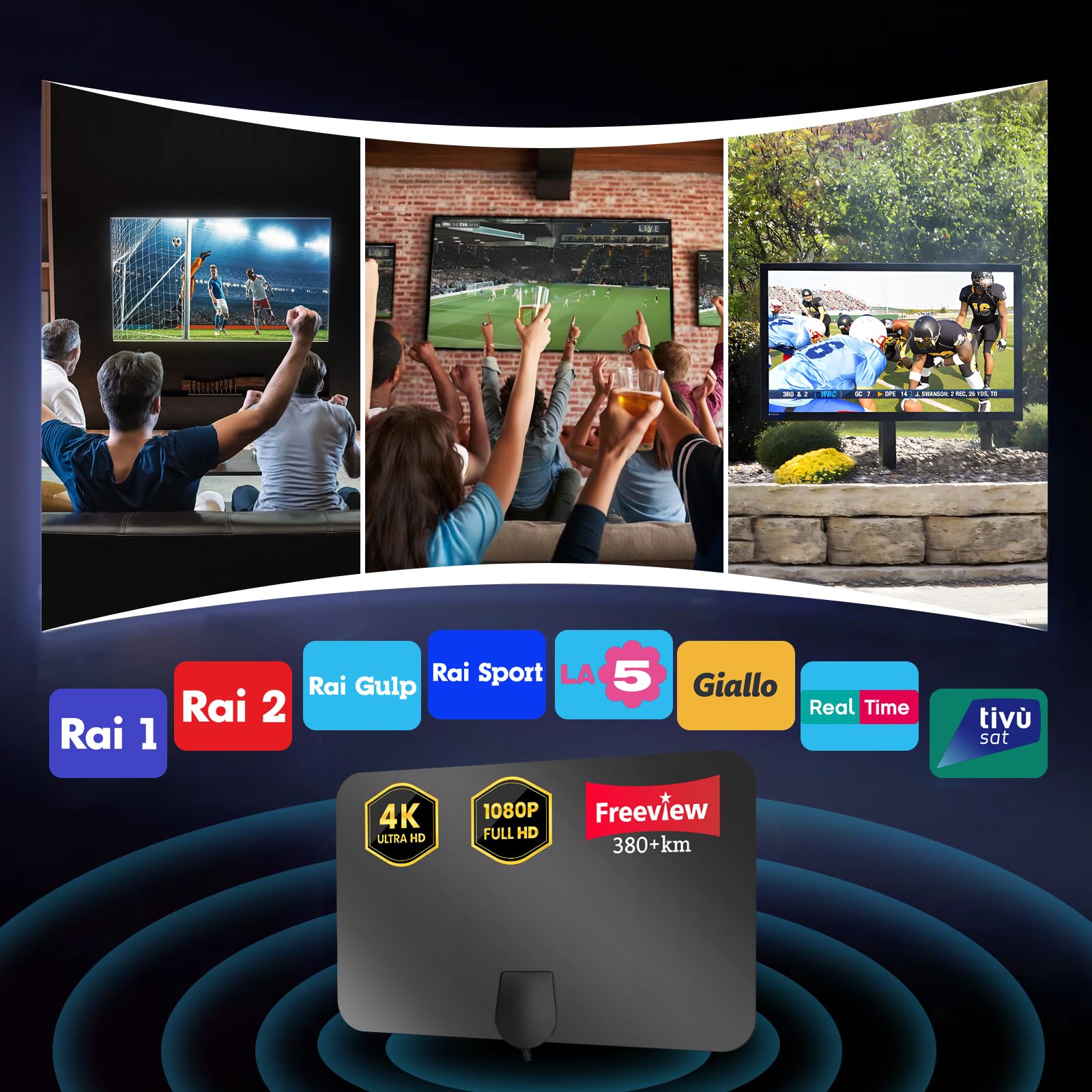 2026 Antenna TV Interna Amplificata Potente - Ricezione DVB - T2 Segnale per 400 km, Supporta Smart TV 4K HD/1080P, Con 5 m di Cavo Coassiale e Connettore Maschio Tipo F (Nero Scuro)