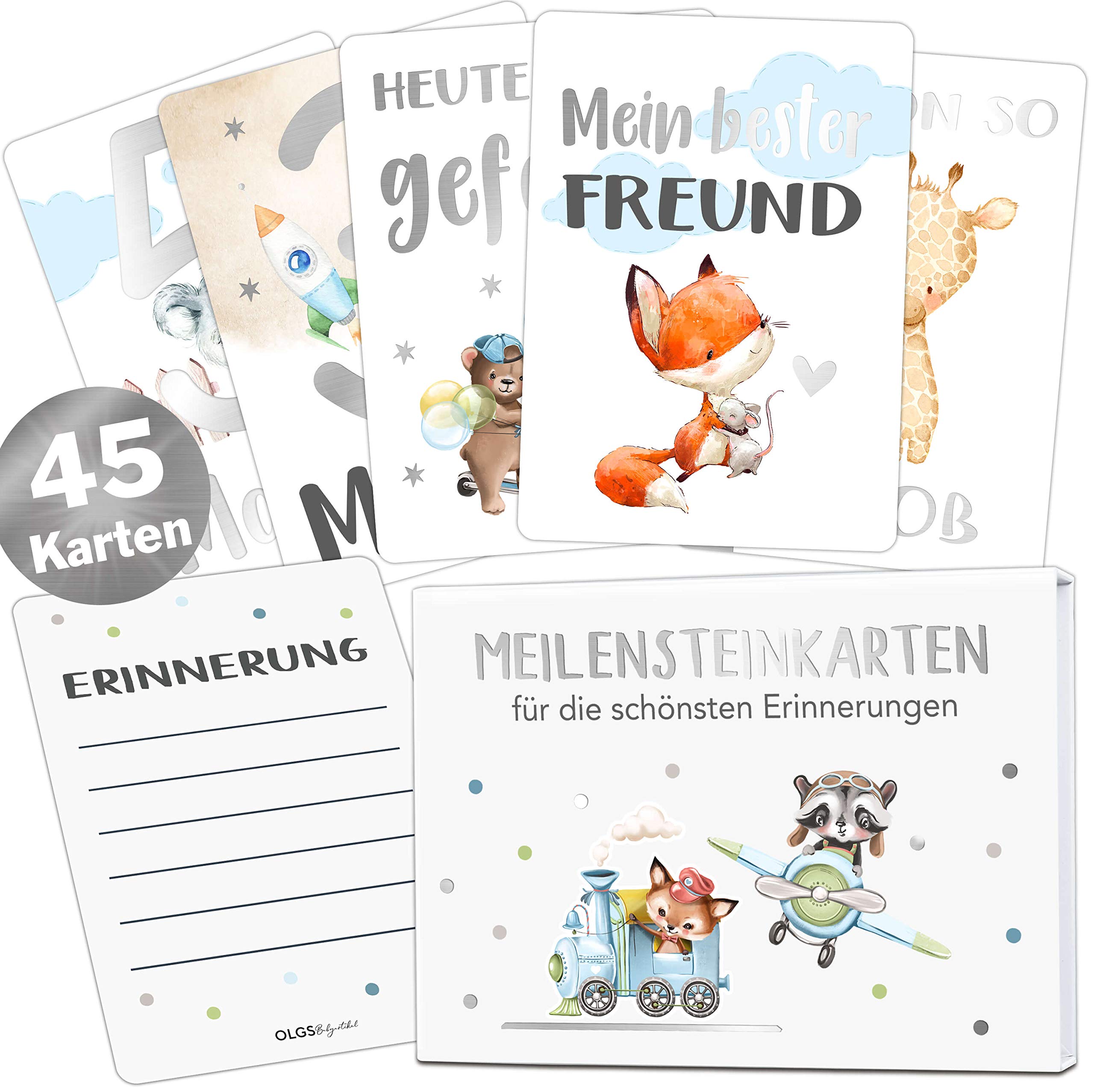 OLGS Baby Meilensteinkarten Junge Silber 45 Meilenstein Karten Set, Erinnerungskarten, Monatskarten, Milestones + Magnetbox, Geschenkidee zur Geburt Taufe, Babyparty, Babyshower