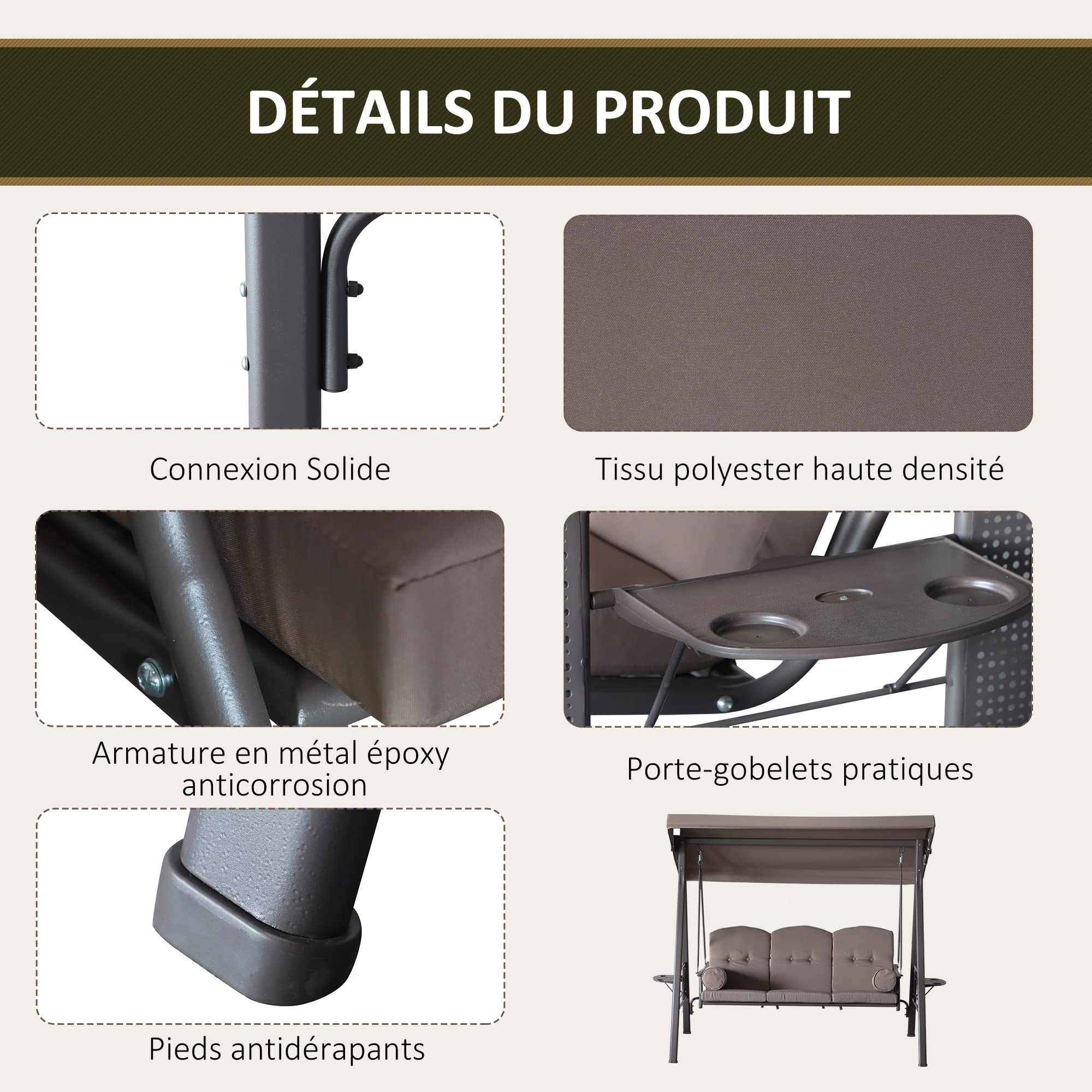 Outsunny Balancelle de Jardin 3 Places Toit Inclinaison réglable Coussins Plateaux rétractables Polyester Marron