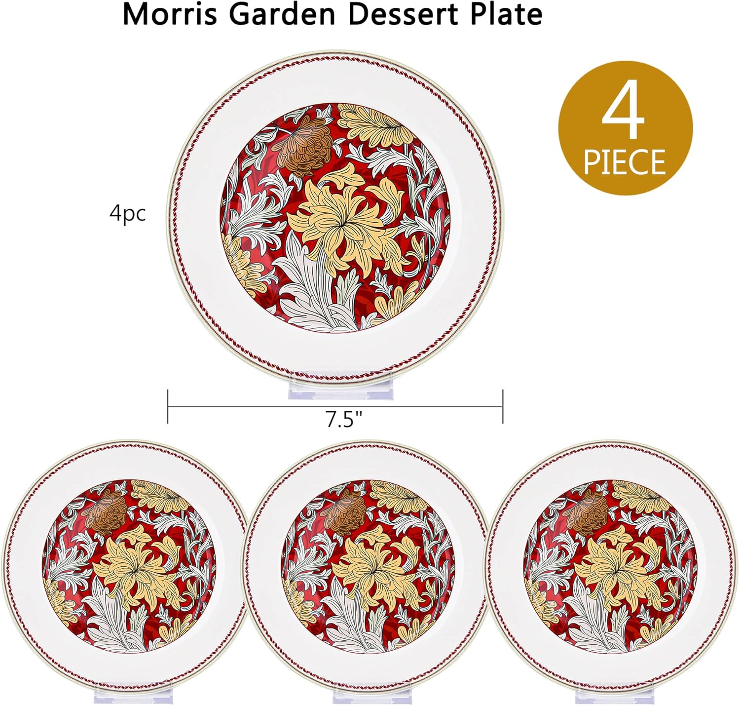 STP GOODS Round Serving Plate Morris Garden Dessert Plate Set of 4 (bordeaux) Appetizer Plates Salad Plates Dinner Plates for Home & Kitchen 7.5" (19 cm) (Morris Garden)