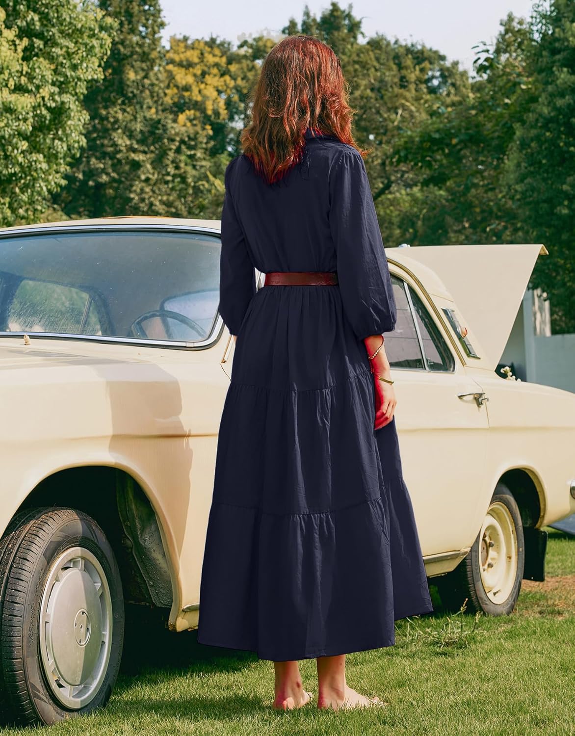 Women Button Down Maxi Shirt Dress Long Sleeve Flowy Tiered Collared Dresses with Pockets - Image 7