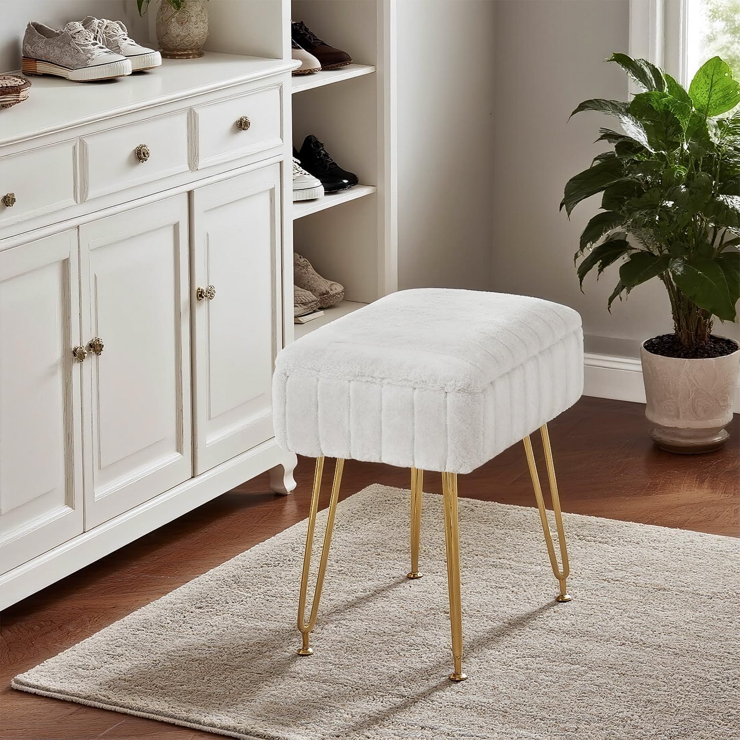 FUXA Vanity Stool Chair with Storage, White Faux Fur Makeup Chair with 4 Metal Legs and Anti-Slip Feet, Soft Padded Seat, Small Footrest Footstool Ottoman, Multifunctional Stool for Bedroom