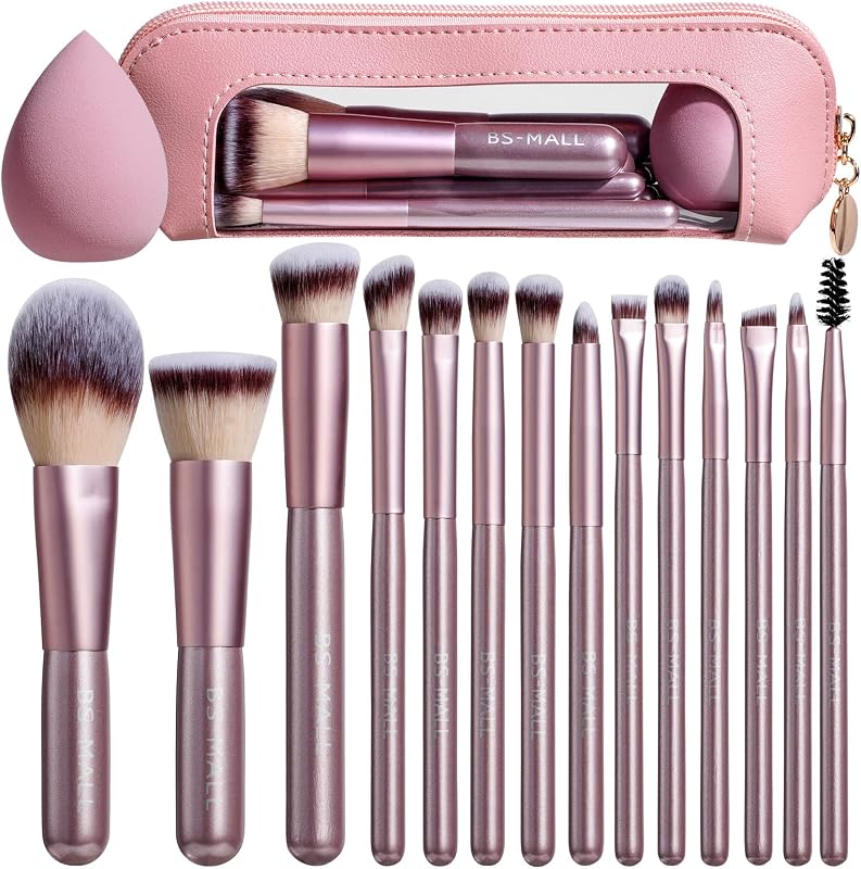 Juego de 14 brochas de maquillaje BS-MALL con 1 esponja de maquillaje – Correctores de polvo de base esenciales, sombras de ojos, brochas de maquillaje con estuche de maquillaje de viaje (rosa dorado mate)