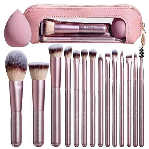 BS-MALL 14 Pcs Makeup Brushes Set with 1 Pcs Makeup Sponge – Essential Foundation Powder Concealers, Eye Shadows, Blush Makeup Brushes with Travel Makeup Case (Matte Gold Pink)