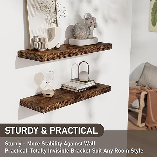 Miniatura 4 de Estantes flotantes para pared, juego de 2 estantes flotantes de 28 pulgadas, estante de madera rústica montado en la pared para baño, sala de estar,