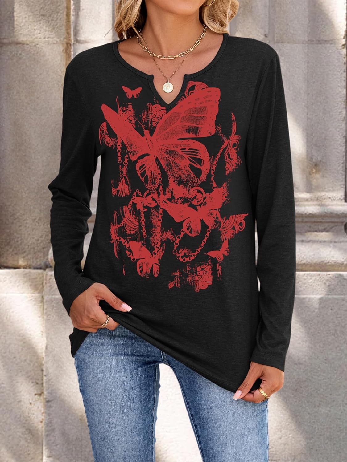 Womens V-Neck Long Sleeve T-Shirt Flower Graphic Tees Fall Fashion Boho Tops Tshirts Loose Casual Western Country T Shirts - Image 5