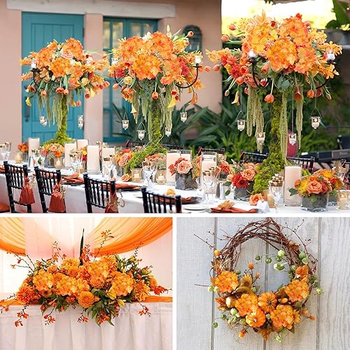 Miniatura 5 de Hananona 40 cabezas de flores artificiales de hortensias de seda burdeos con tallos, flores de otoño falsas rojas para Halloween, boda, centro de