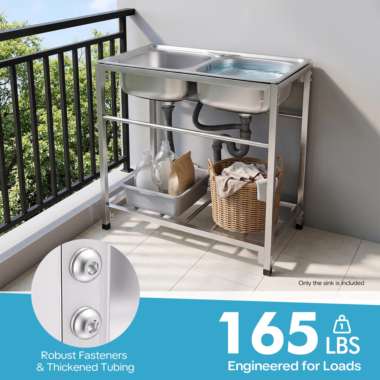 Lavello autoportante per esterni, in acciaio inox, 2 vasche, portata 75 kg, doppia vasca, lavello da cucina commerciale con beccuccio, lavello per ristorazione, per negozi e garage, 83,1 x 43,9 x 77