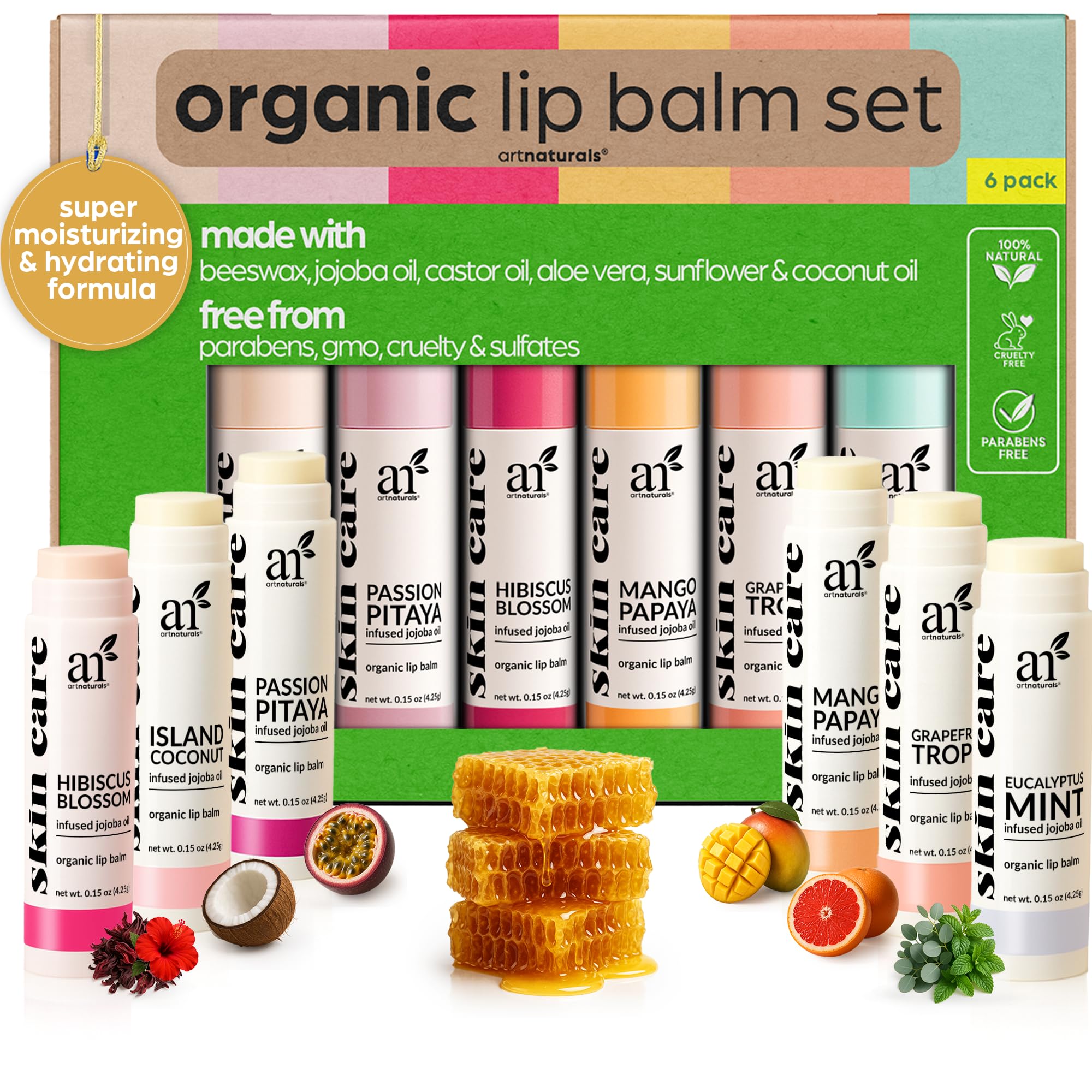 ArtNaturals Organic Beeswax Lip Balm Gift Set - Assorted Flavors with Aloe, Coconut & Jojoba Oils