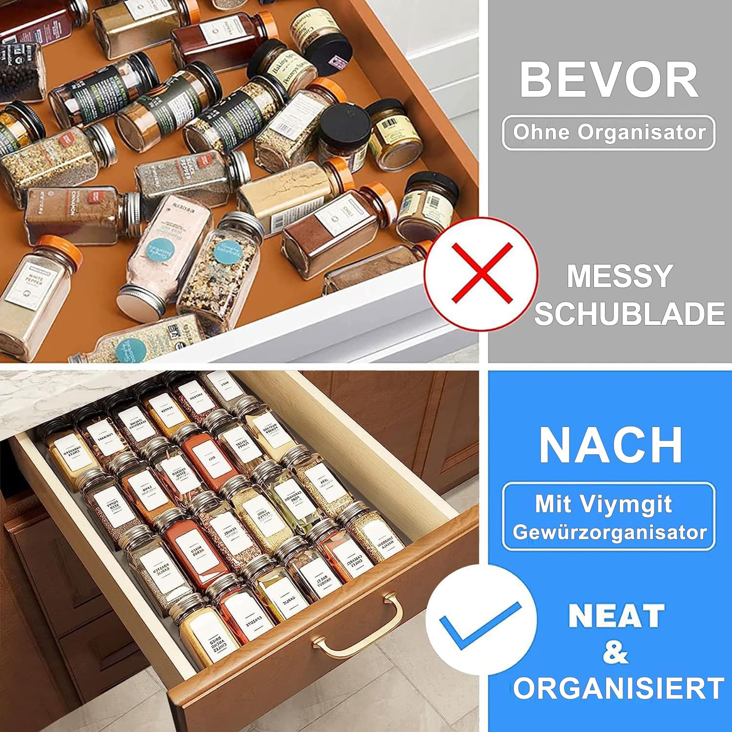 Viymgit Organiseur de tiroir à épices avec 35 boîtes à épices, 328 étiquettes, étagère à tiroirs en acrylique transparent à 4 niveaux avec récipients à épices