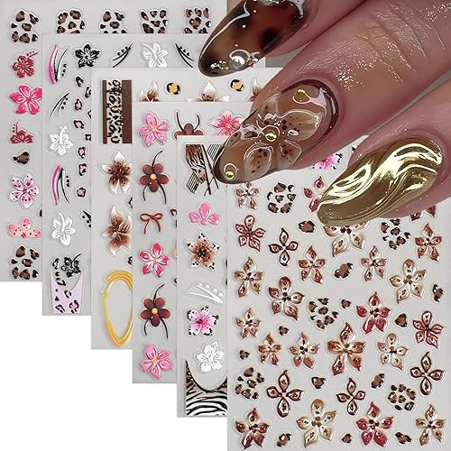 6 Pcs Fall Winter Flower Nail Art Stickers Decals Leopard