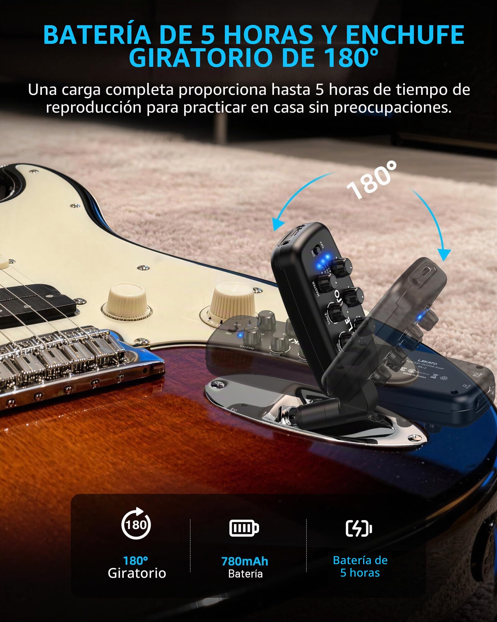 LEKATO Amplificador de auriculares para guitarra, amplificador de práctica portátil enchufable para guitarra eléctrica y bajo, 9 modelos de amplificador y 6 efectos, Bluetooth 5.0, enchufe giratorio