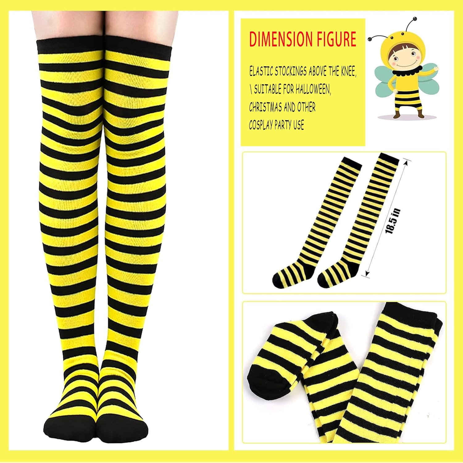 Black and Yellow Striped Socks Over the Knee Thigh High Bee Socks Costume Accessories Bumble Bee Stockings for Halloween Parties - Image 3