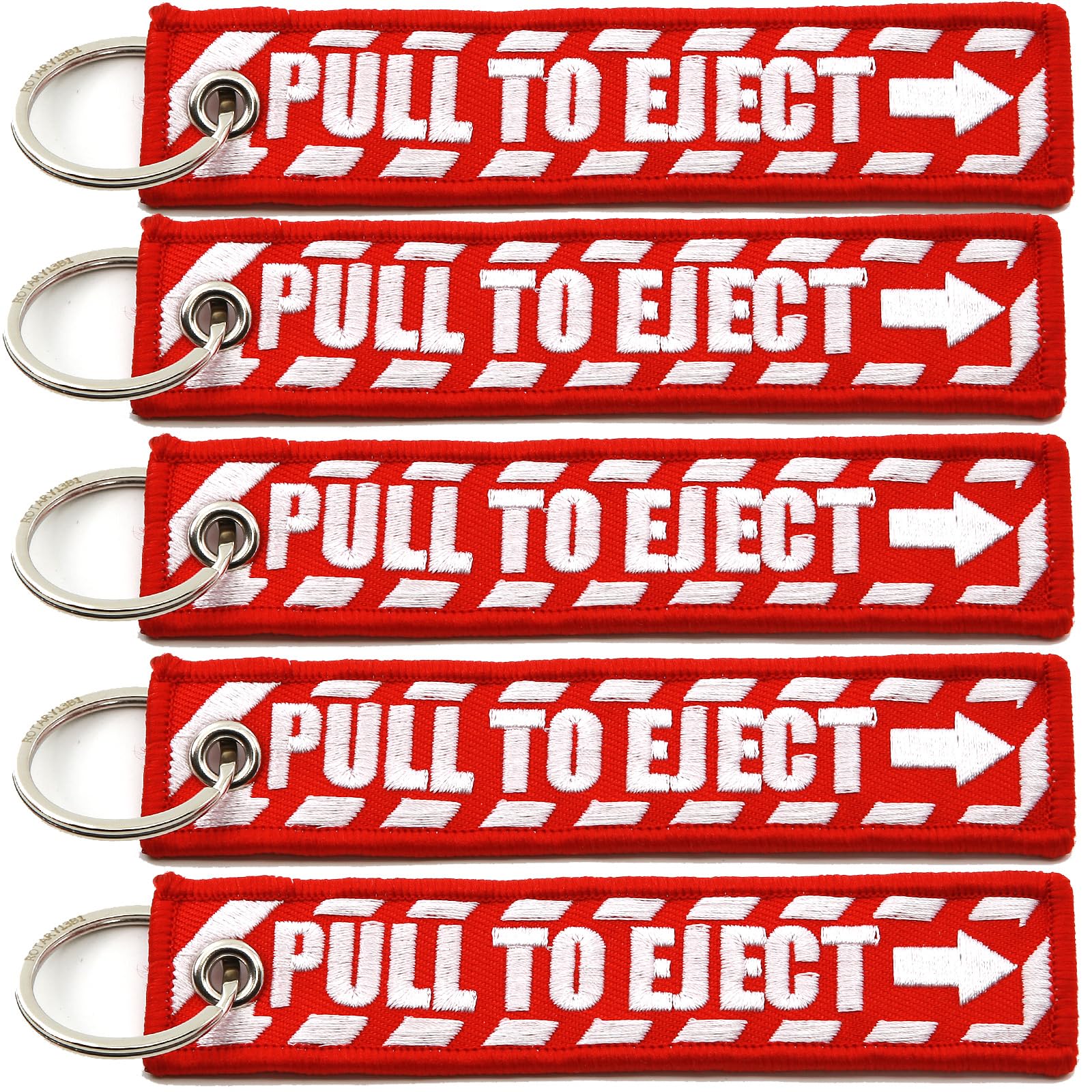 PULL TO EJECT Key Chain - Red with White embroidered letters - Quantity 5 pieces