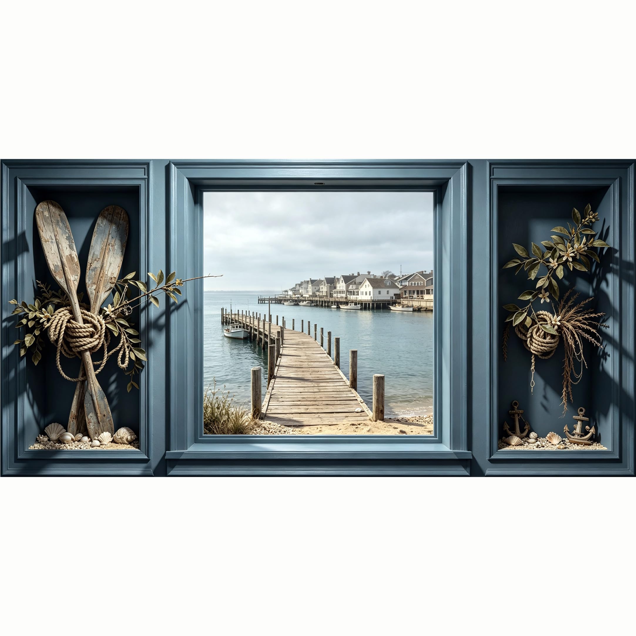 QZLITHOTIC 50x100cm 3D Framed Wall Art， Coastal Pier Seascape Oar Anchor Nautical Self‑Adhesive Mural， Water‑Activated Peel & Stick Fabric Decor Wall Decal for Bedroom Living Room