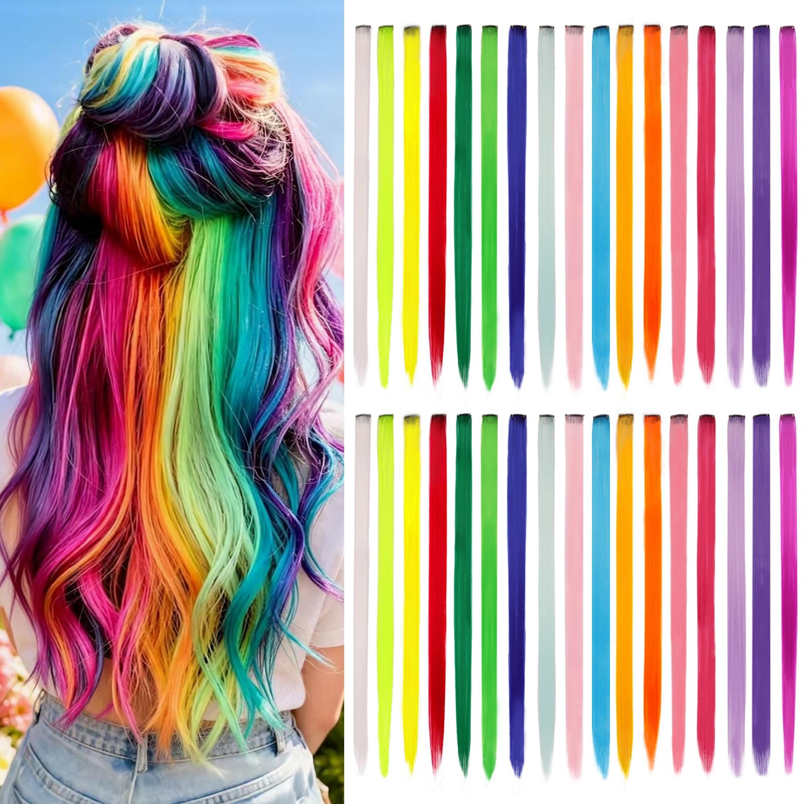 34 Pcs Colored Hair Extensions Long Straight Color Clip in Hair Extension 22 Inch Rainbow Hair Extensions for Girls & Women, Rainbow Clip in Hairpiece for Daily, Birthday, Party, Halloween Use