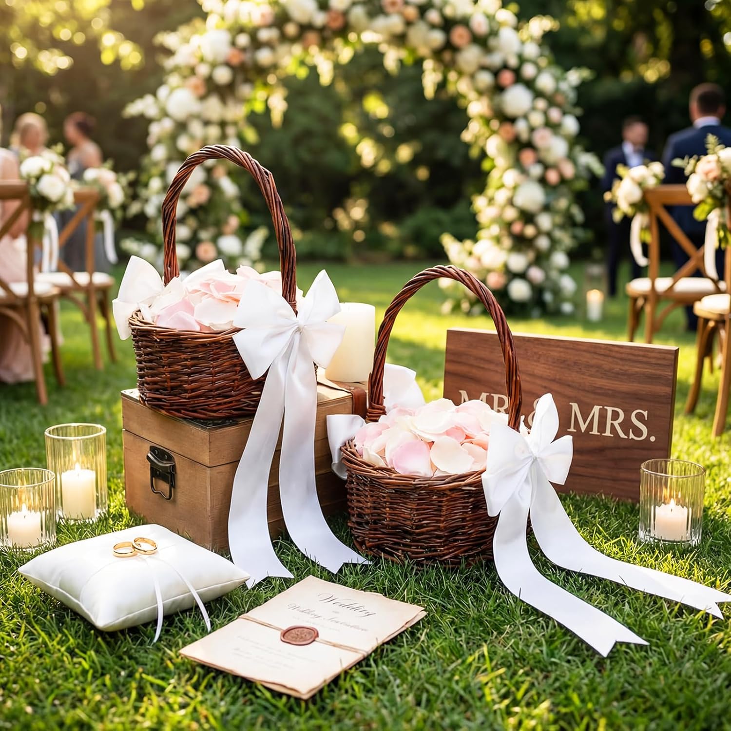 LemonRoad 2 Pcs Flower Girl Basket Wicker Rattan Small Flower Girl Baskets with Large White Ribbon Bow and Handle Retro Decoration Hand Woven for Wedding Candy Storage Picnic Home (Fashion Style)