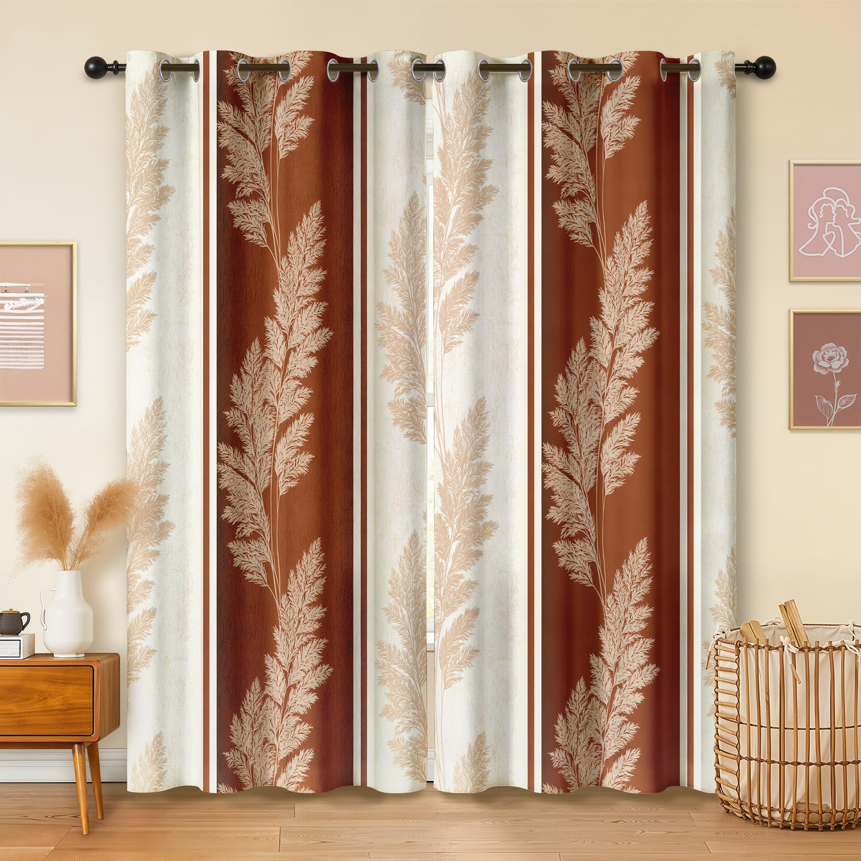 Havenix Terracotta and Cream Blackout Curtains for Bedroom Living Room, Eyelet Curtains 90x108, Thermal Insulated Drapes for Windows, Boho Chic Striped Rustic Country Window Treatments, 2 Panels