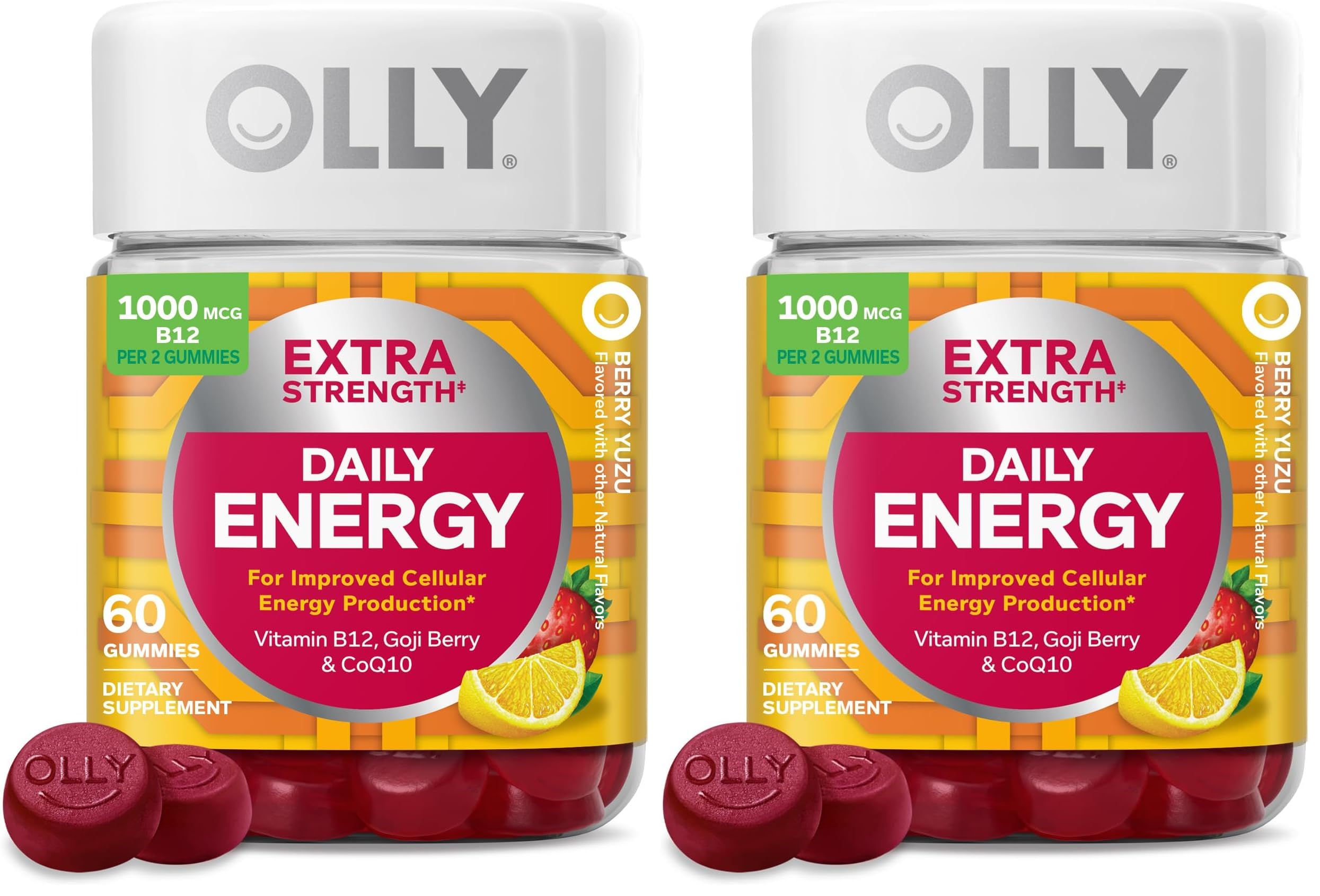 OLLY Extra Strength Daily Energy Gummy,Caffeine Free,1000mcg Vitamin B12,CoQ10,Goji Berry,Adult Chewable Supplement,Berry Yuzu Flavor -,60 Count (Pack of 2) Extra Strength 60 Count (Pack of 2)
