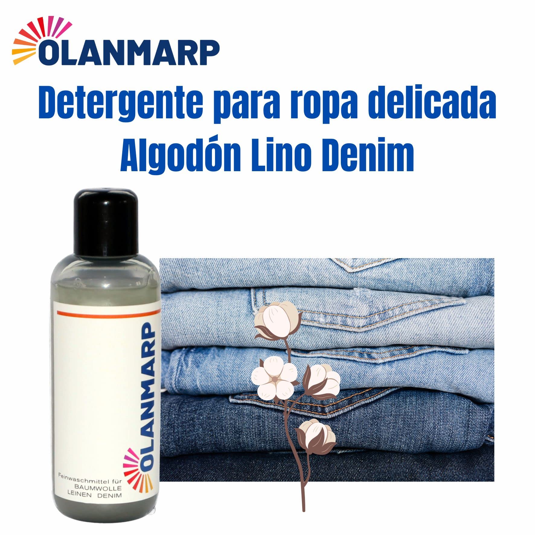 Detergente para algodón y lino Olanmarp concentrado – detergente líquido suave para lavado a mano y a máquina – ideal para fibras naturales y ropa delicada – sin químicos agresivos (480 ml)